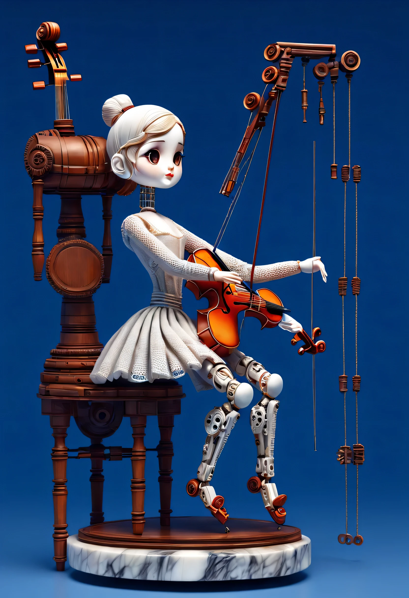 Marble sculpture style, role conception, (whole body), (A mechanical doll that plays the cello), Beautiful and meticulous, Mechanical wires hanging from the top connect the doll&#39;s fingers to the bow, Gear line connecting slender legs, (The log library of this mechanism), The key spring is inserted into the back of the doll, cute and beautiful face, Extra long red double braid, blue and orange skirt, Slender mechanical wooden arms and legs, 8k, super detailed, actual, high resolution, Ray tracing,...