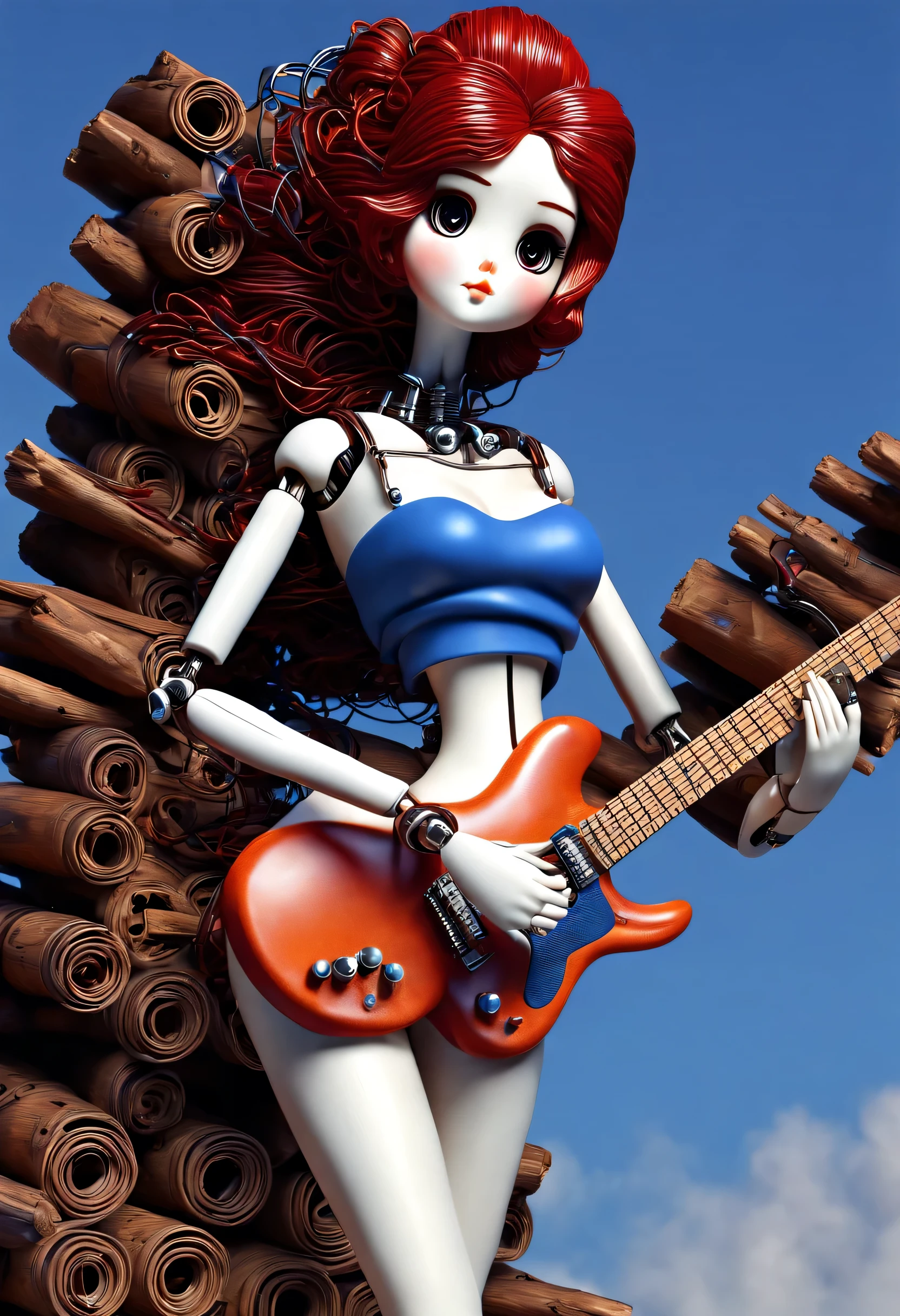 Marble sculpture style, role conception, (whole body), (A mechanical doll is enjoying playing the electric guitar), Beautiful and meticulous, wire pull finger, hanging from the sky，There are lots and lots of wires connecting the fingers to the slender legs, (Mechanical device with log base), The key spring is inserted into the back of the doll, cute and beautiful face, Extra long red double braid, blue and orange skirt, Slender mechanical wooden arms and legs, 8k, super detailed, actual, high resolution, Ray tracing