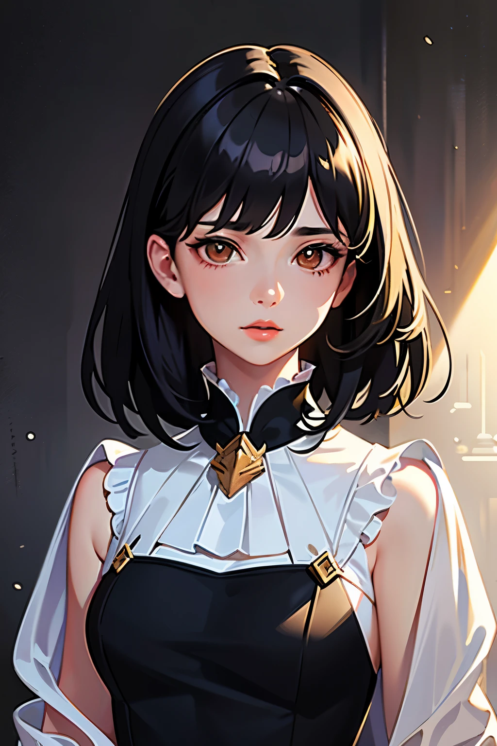 (Sargent oil painting)、(highest quality、masterpiece)、 Realistic, photorealist, one girl, solo,beautiful face、lifelike face、black haired、short hair、beautiful hairstyle、 real looking skin、beautiful skin、attractive、Cute blouse、 Upper body,detailed,dark background,Backlight、soft light、Inspired by Edmund Leighton,