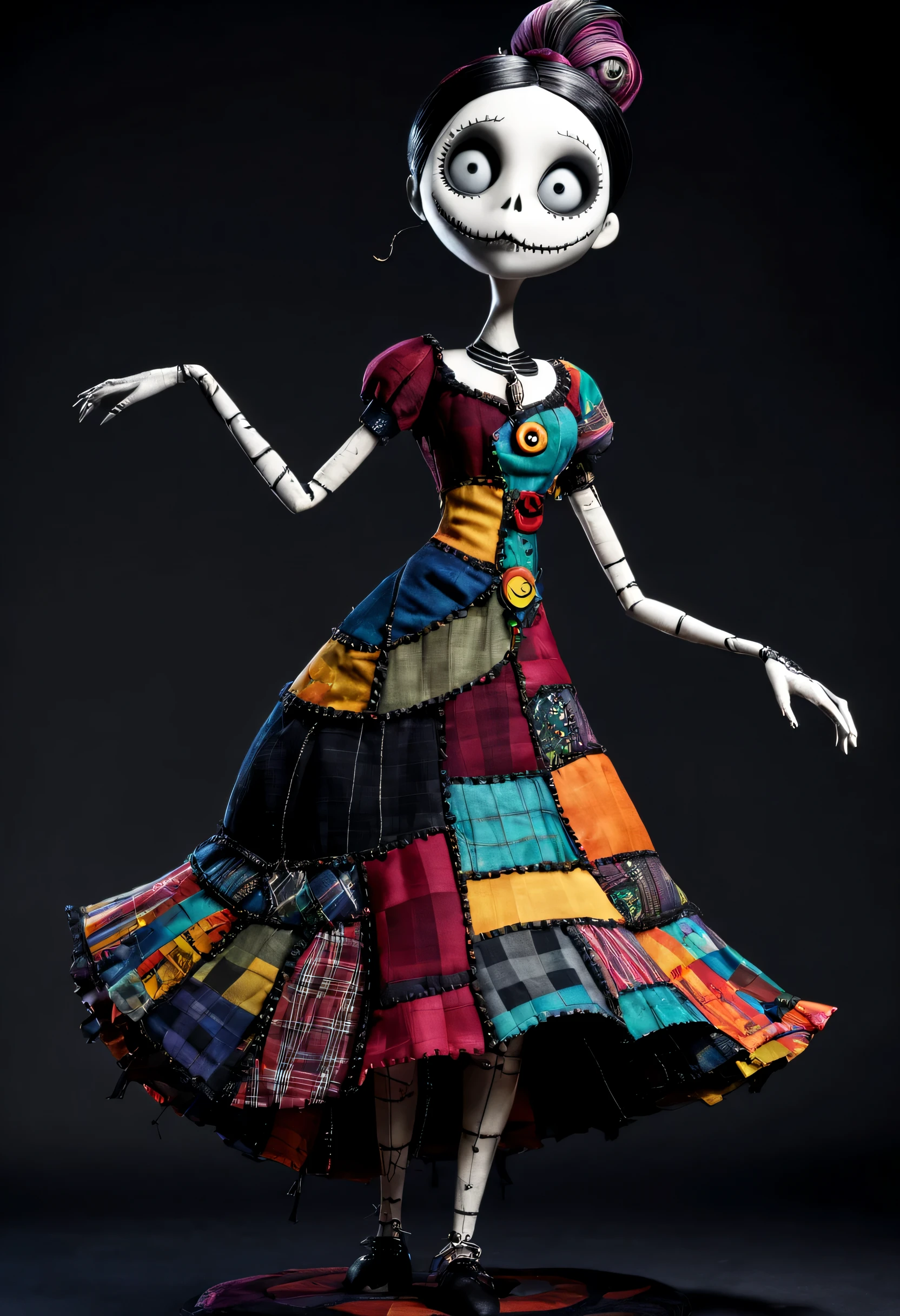 3D model sculpture of a female doll sewn together with thread, sari. whole body. Tim Burton Movies、Rendered in the style of The Nightmare Before Christmas, (Patchwork Dresses:1.2). (dynamic pose:1.5), scotty young style 
 . octane rendering, very detailed, Volume measurement, dramatic lighting