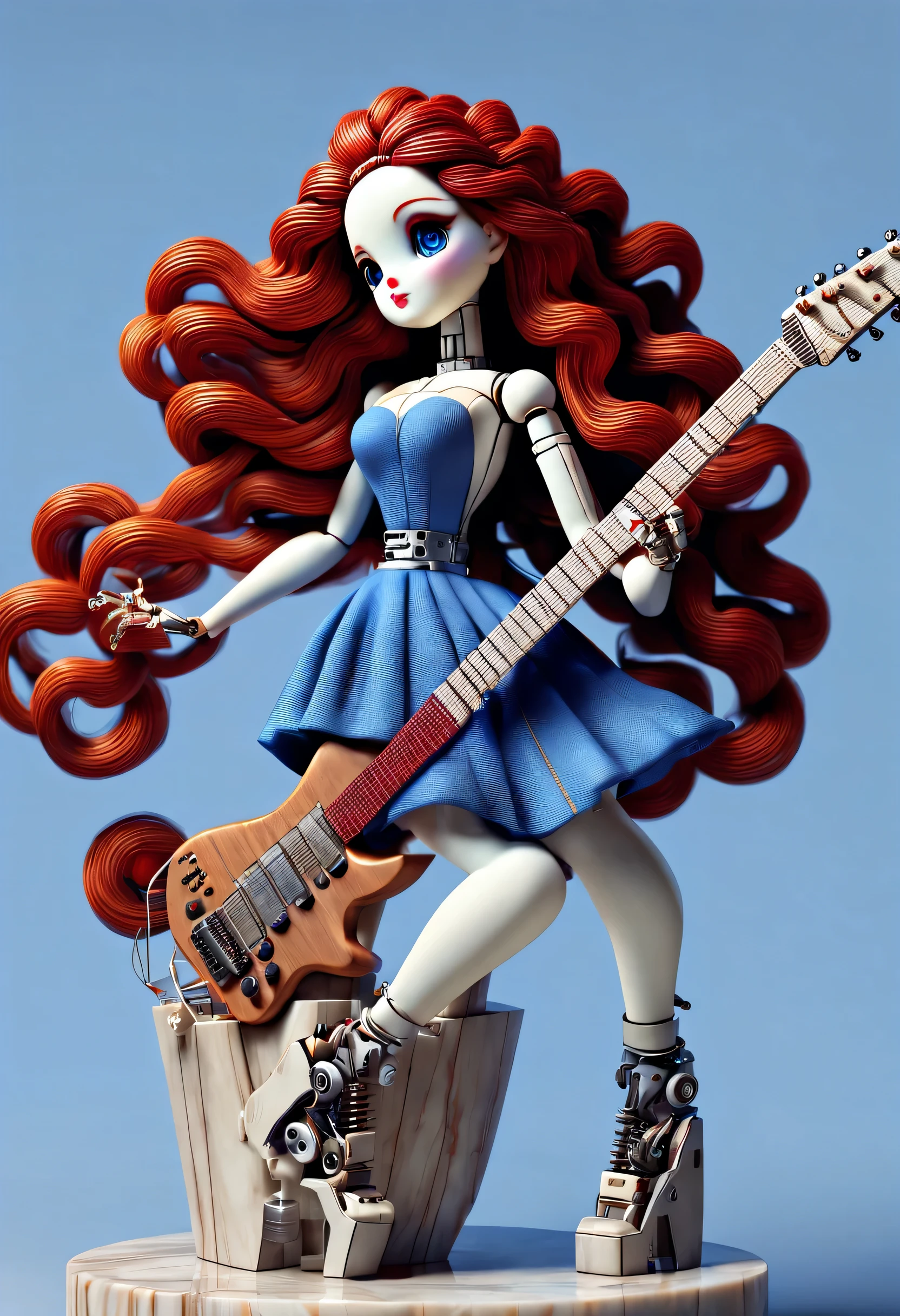 Marble sculpture style, role conception, (whole body), (A mechanical doll is enjoying playing the electric guitar), Beautiful and meticulous, wire pull finger, hanging from the sky，There are lots and lots of wires connecting the fingers to the slender legs, (Mechanical device with log base), The key spring is inserted into the back of the doll, cute and beautiful face, Extra long red double braid, blue and orange skirt, Slender mechanical wooden arms and legs, 8k, super detailed, actual, high resolution, Ray tracing
