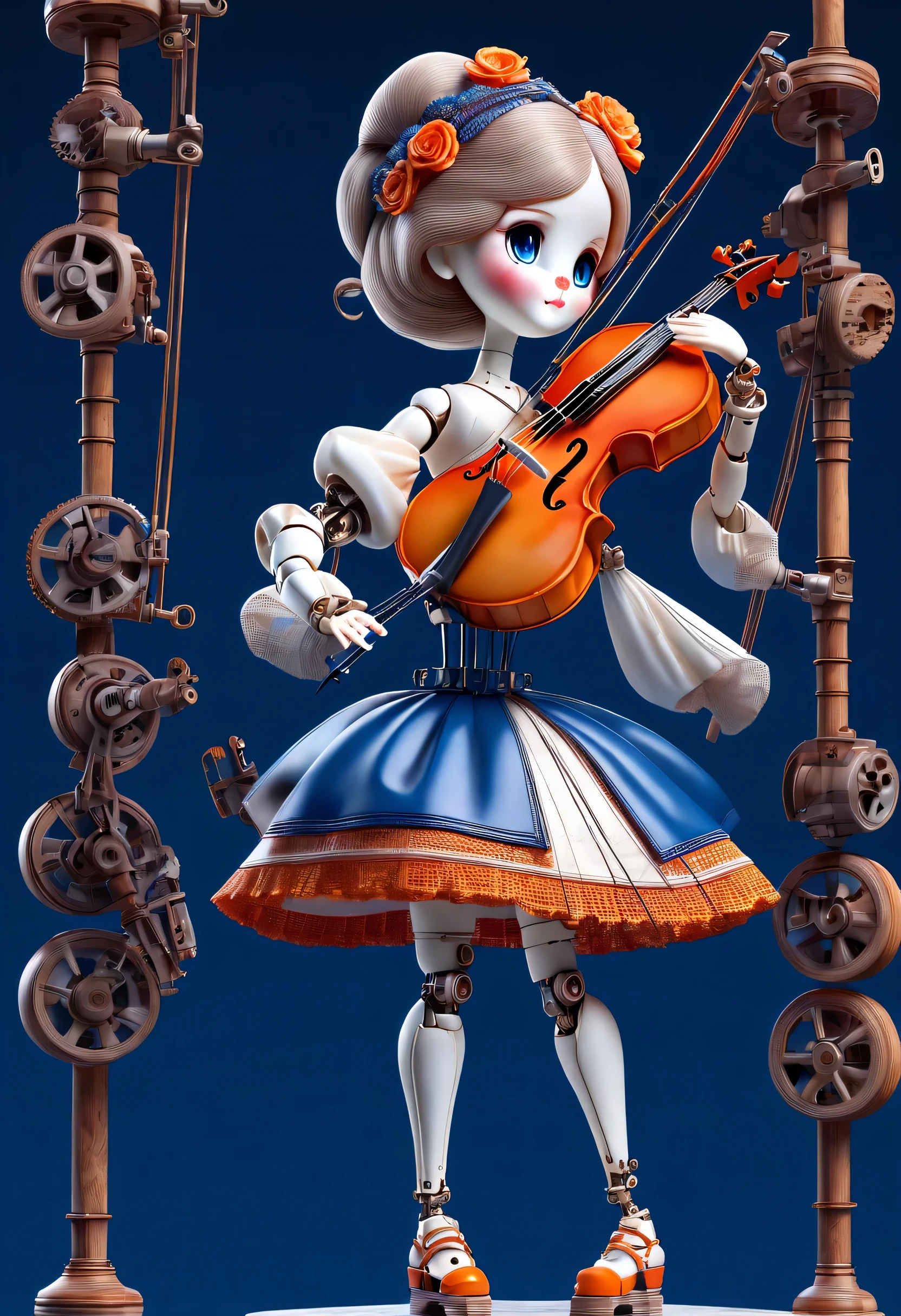 Marble sculpture style, role conception, (whole body), (A mechanical doll that plays the cello), Beautiful and meticulous, Mechanical wires hanging from the top connect the doll's fingers to the bow, Gear line connecting slender legs, (The log library of this mechanism), The key spring is inserted into the back of the doll, cute and beautiful face, Extra long red double braid, blue and orange skirt, Slender mechanical wooden arms and legs, 8k, super detailed, actual, high resolution, Ray tracing,...