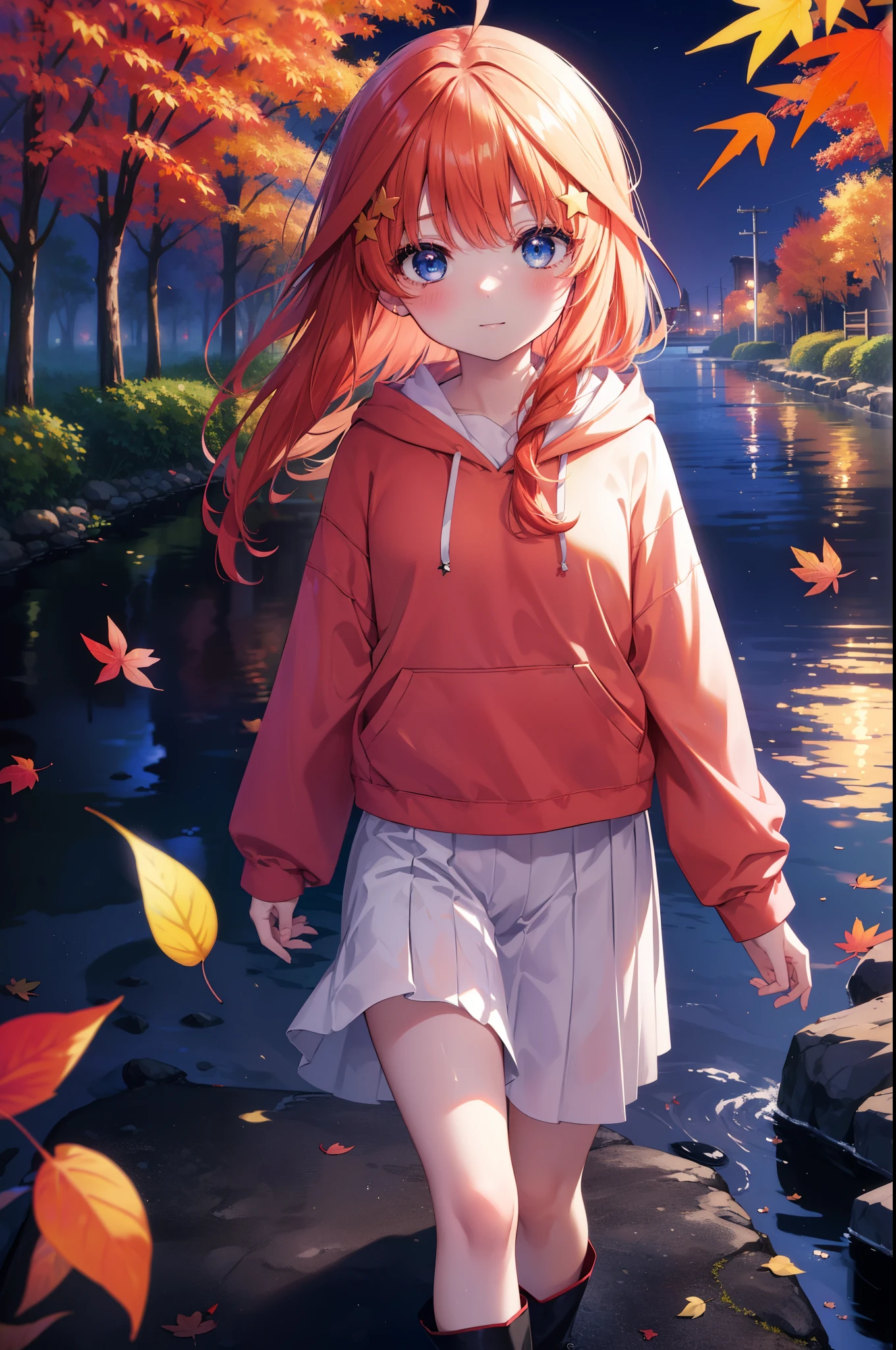 itsukinakano, Itsuki Nakano, bangs, blue eyes, hair between eyes, Ahoge, redhead, star \(symbol\), hair ornaments, star hair ornaments,smile,blush,short braided hair,long hair,Red hoodie,white long skirt,short boots,Tsukimi,moonlight,night,Autumn leaves are scattered,walking,
break outdoors, garden,
break (masterpiece:1.2), highest quality, High resolution, unity 8k wallpaper, (figure:0.8), (detailed and beautiful eyes:1.6), highly detailed face, perfect lighting, Very detailed CG, (perfect hands, perfect anatomy),