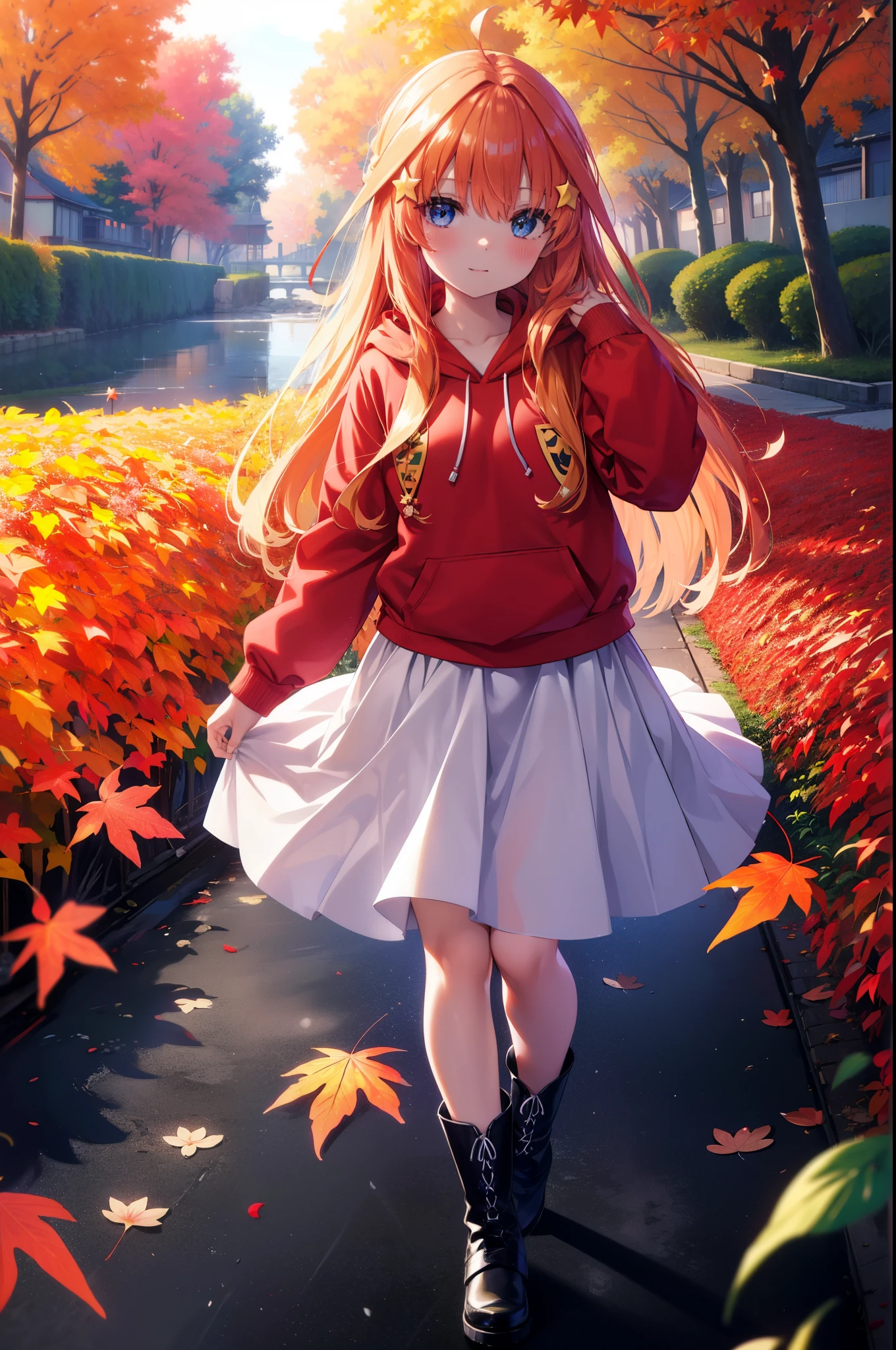 itsukinakano, Itsuki Nakano, bangs, blue eyes, hair between eyes, Ahoge, redhead, star \(symbol\), hair ornaments, star hair ornaments,smile,blush,short braided hair,long hair,Red hoodie,white long skirt,short boots,Tsukimi,moonlight,night,Autumn leaves are scattered,walking,
break outdoors, garden,
break (masterpiece:1.2), highest quality, High resolution, unity 8k wallpaper, (figure:0.8), (detailed and beautiful eyes:1.6), highly detailed face, perfect lighting, Very detailed CG, (perfect hands, perfect anatomy),