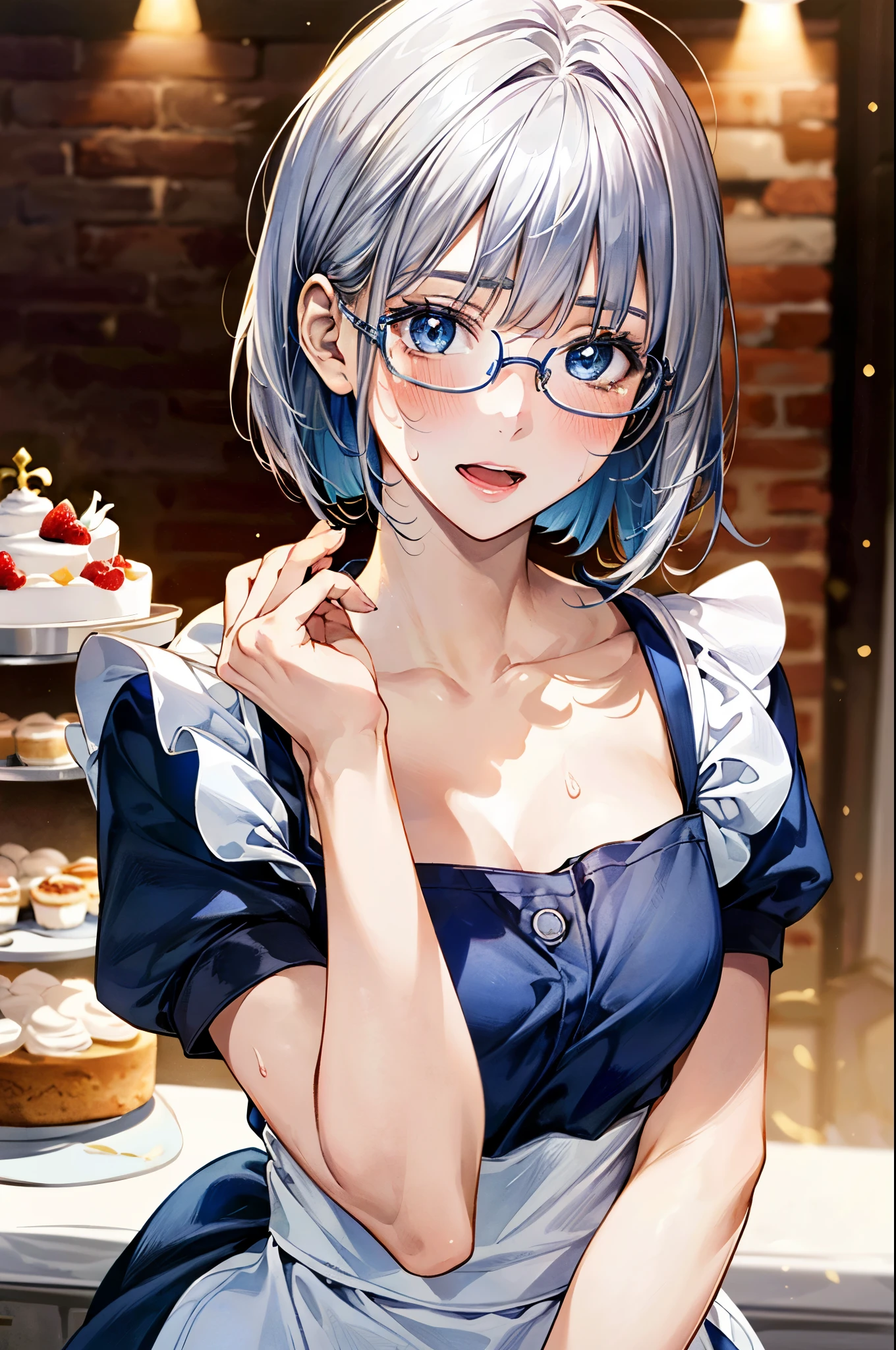 (masterpiece:1.2, top-quality, ultra high res, ultra detailed), (realistic, photorealistic:1.4), beautiful illustration, (natural side lighting, movie lighting), 
looking at viewer, (face focus, upper body)1 girl, japanese, (cake craftsman), 15 years old, perfect face, (perfect anatomy), cute and symmetrical face, shiny skin, slender
(short hair:0.8, bob cut:1.5, silver hair), blunt bangs, hair between eyes, blue eyes, big eyes, drooping eyes, slant eyes, long eye lasher, (medium breasts), 
beautiful hair, beautiful face, beautiful detailed eyes, beautiful clavicle, beautiful body, beautiful chest, beautiful thigh, beautiful legs, 
((detailed cloth texture, metallic blue apron maid, blue stripe shirt, white collar, white maid apron), metallic blue-rimmed glasses), , 
(beautiful scenery), evening, (cake shop), standing, (full-face blush, open mouth small, sweat), 