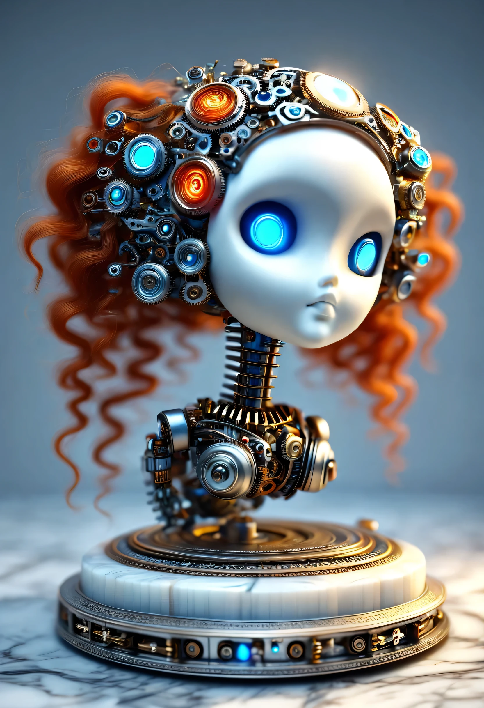Mechanical doll design,(whole body),Marble sculpture style(Mechanical doll playing electric guitar), robot character, Beautiful and meticulous,Mechanical clockwork,gear,(Mechanical device log library),Insert the top screw key into the back of the doll,Extra long red double braided hair,blue and orange skirt,rotate,dance,8k,Ultra-fine,lifelike,high resolution,Motion ray tracing,