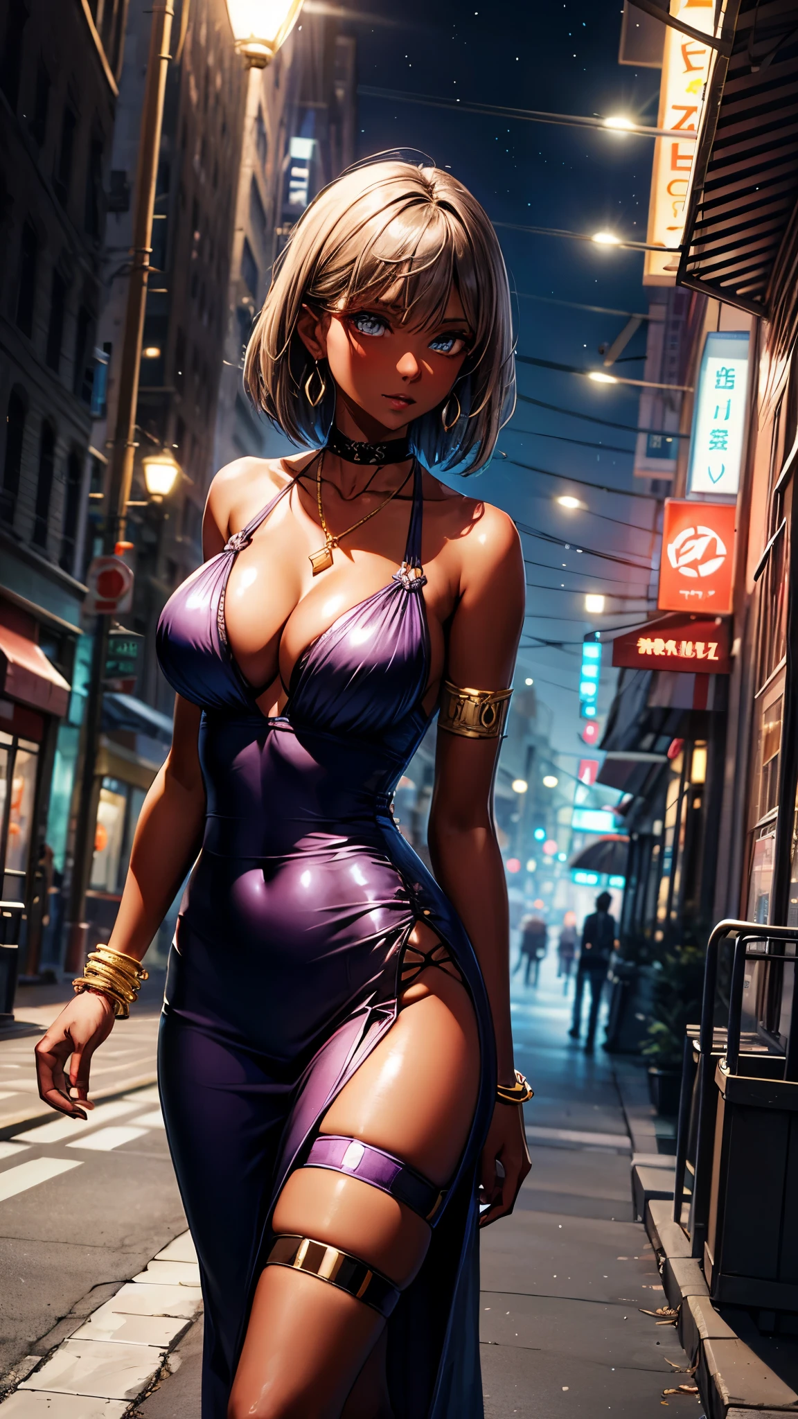 shiny gold, light purple high-slit dress, shiny glowing eyes, shiny accessories, shiny skin reflecting light, shiny earrings, shiny necklaces, thigh garter, shiny armlet, shiny bracelet, 1 hot girl, dark skin, short straight hair, low-cut cleavage, halter neckline, thigh cleavage, street sidewalk, fog, night city
