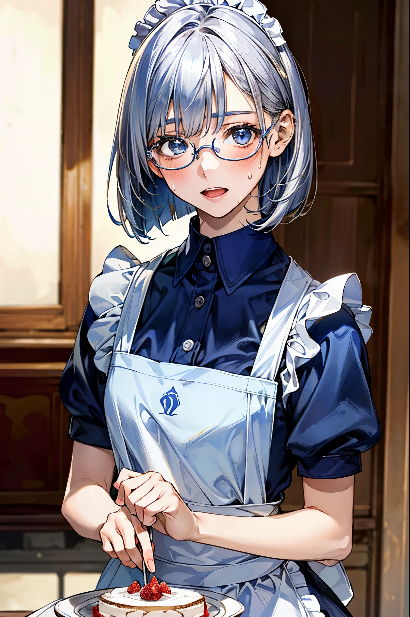 (masterpiece:1.2, top-quality, ultra high res, ultra detailed), (realistic, photorealistic:1.4), beautiful illustration, (natural side lighting, movie lighting),
looking at viewer, (face focus, upper body)1 girl, japanese, (cake craftsman), , perfect face, (perfect anatomy), cute and symmetrical face, shiny skin, slender
(short hair:0.8, bob cut:1.5, silver hair), blunt bangs, hair between eyes, blue eyes, big eyes, drooping eyes, slant eyes, long eye lasher, (medium breasts),
beautiful hair, beautiful face, beautiful detailed eyes, beautiful clavicle, beautiful body, beautiful chest, beautiful thigh, beautiful legs,
((detailed cloth texture, metallic blue apron maid, blue stripe shirt, white collar, white maid apron), metallic blue-rimmed glasses), ,
(beautiful scenery), evening, (cake shop), standing, (full-face blush, open mouth small, sweat),