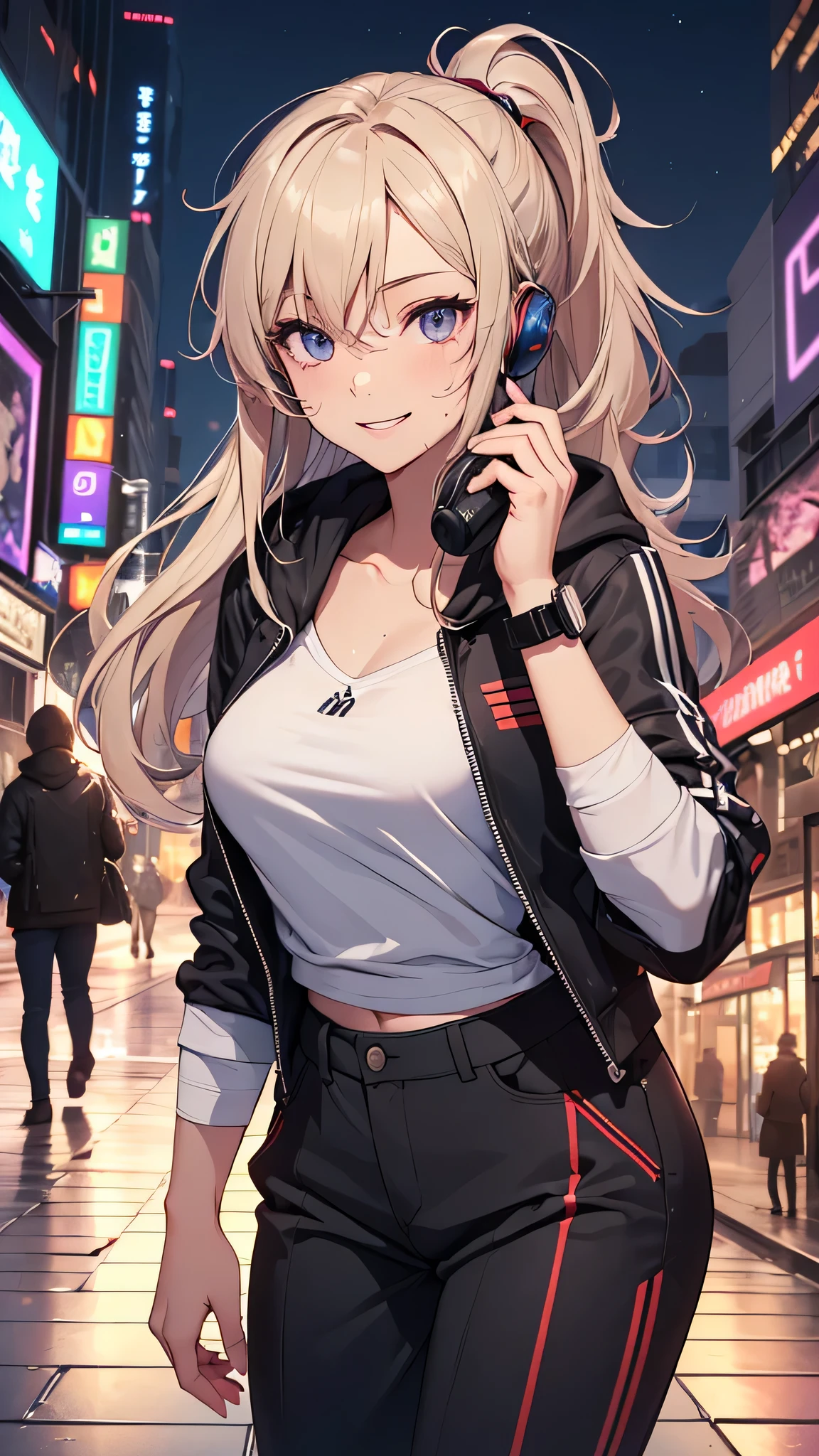 最high quality、best image quality、masterpiece、girl((20-year-old、 By becoming、vest bust、medium bust,wide open breast tea、shining eyes, blonde、long hair、thin,highest valley、ponytail、action of looking up、right arm bandage、Black and purple hoodie with a wide open chest、short belly sports pants、cool pose、holding a black smartphone、sweating、smile、forward leaning movement、earphone)),high quality、beautiful art、background((Pleasant night plaza、beautiful illumination))、Flight、debris flies、Depth of written boundary、movie、visual art、perfect art、8k,genuine、
