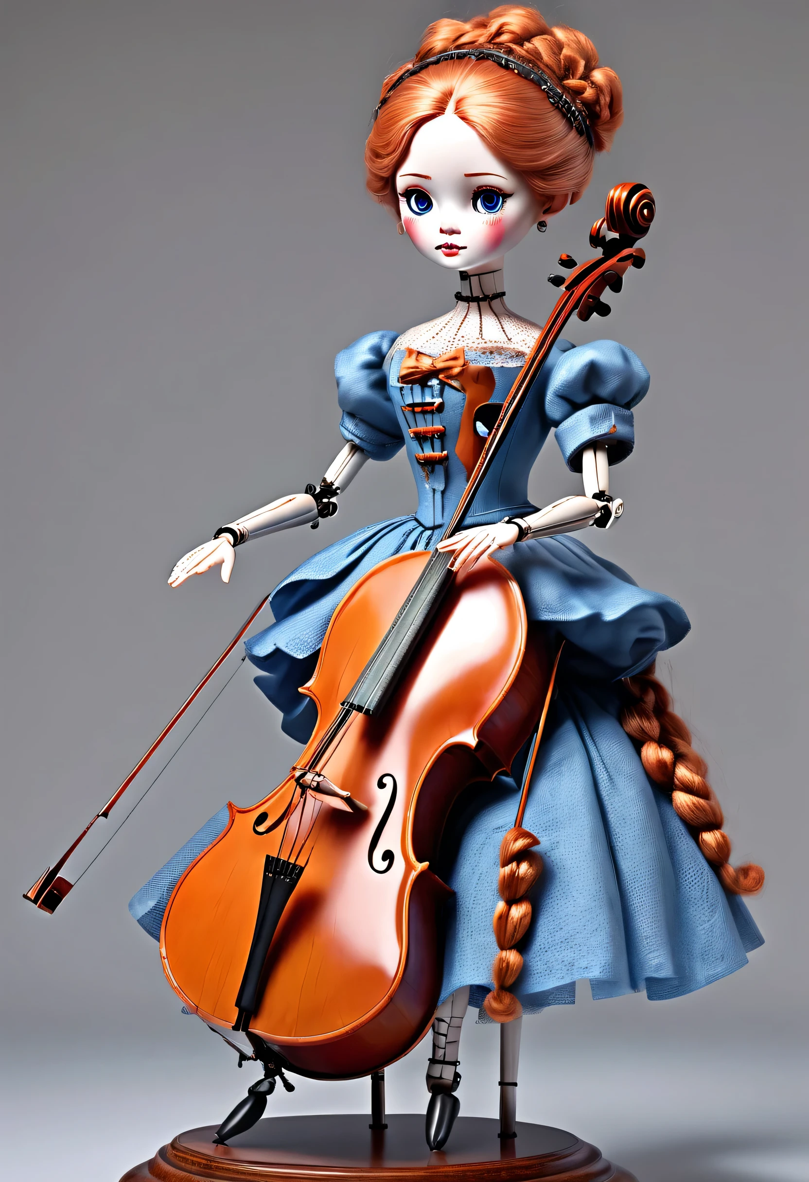 Marble sculpture style, role conception, (whole body), (A mechanical doll that plays the cello), Beautiful and meticulous, Mechanical wires hanging from the top connect the doll&#39;s fingers to the bow, Gear line connecting slender legs, (The log library of this mechanism), The key spring is inserted into the back of the doll, cute and beautiful face, Extra long red double braid, blue and orange skirt, Slender mechanical wooden arms and legs, 8k, super detailed, actual, high resolution, Ray tracing,background：Lots and lots of titanium wire