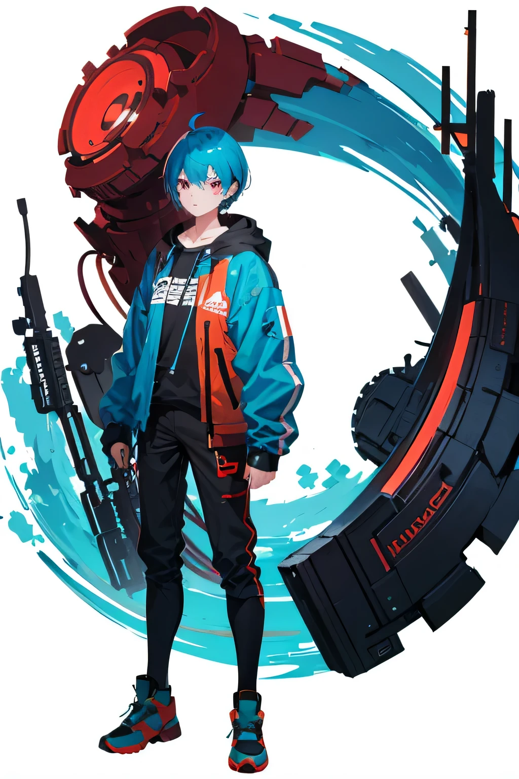 Robot Boy, turquoise hair, hid one eye, red eyes, rifle floating in the air, pure white background, panoramic, standing position
