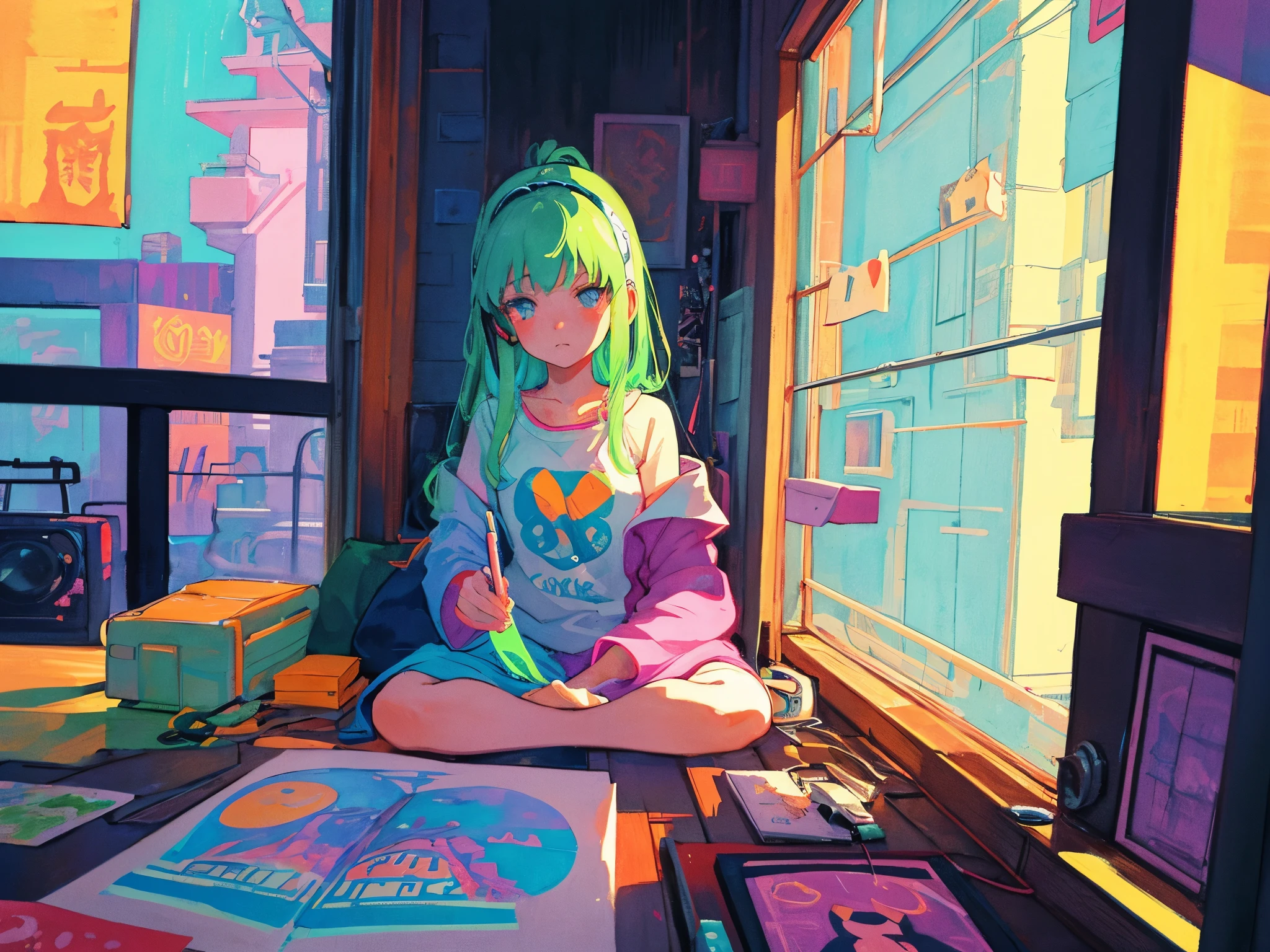 European hippie girl meditating in her room, dream, Please wear white headphones, night light, Neon landscape on a rainy day, analog color theme, lo-fi hip hop , retrospective exhibition, flat, 2D ,Draw a line, ink painting, Osaka road, watercolor painting, gouche color, スタジオGhibli風, So colorful, outerton, Krautlock, Lofiato, 70s style,old texture, amplitude,Psychedelic atmosphere, masterpiece, amazing technology,Ghibli