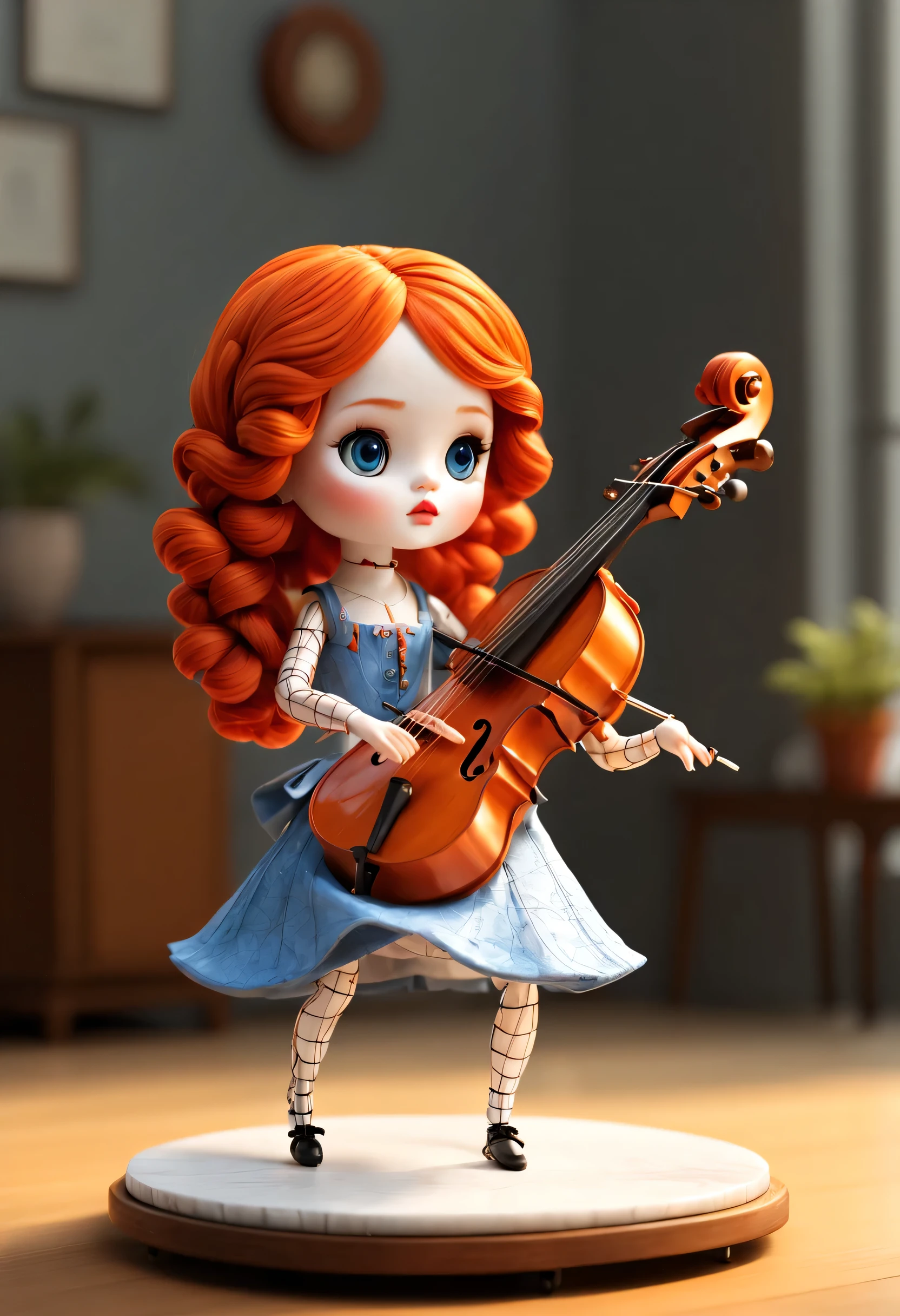 Marble sculpture style, role conception, (whole body), (A mechanical doll that plays the cello), Beautiful and meticulous, Mechanical wires hanging from the top connect the doll&#39;s fingers to the bow, Gear line connecting slender legs, (The log library of this mechanism), The key spring is inserted into the back of the doll, cute and beautiful face, Extra long red double braid, blue and orange skirt, Slender mechanical wooden arms and legs, 8k, super detailed, actual, high resolution, Ray tracing,background：Lots and lots of titanium wire