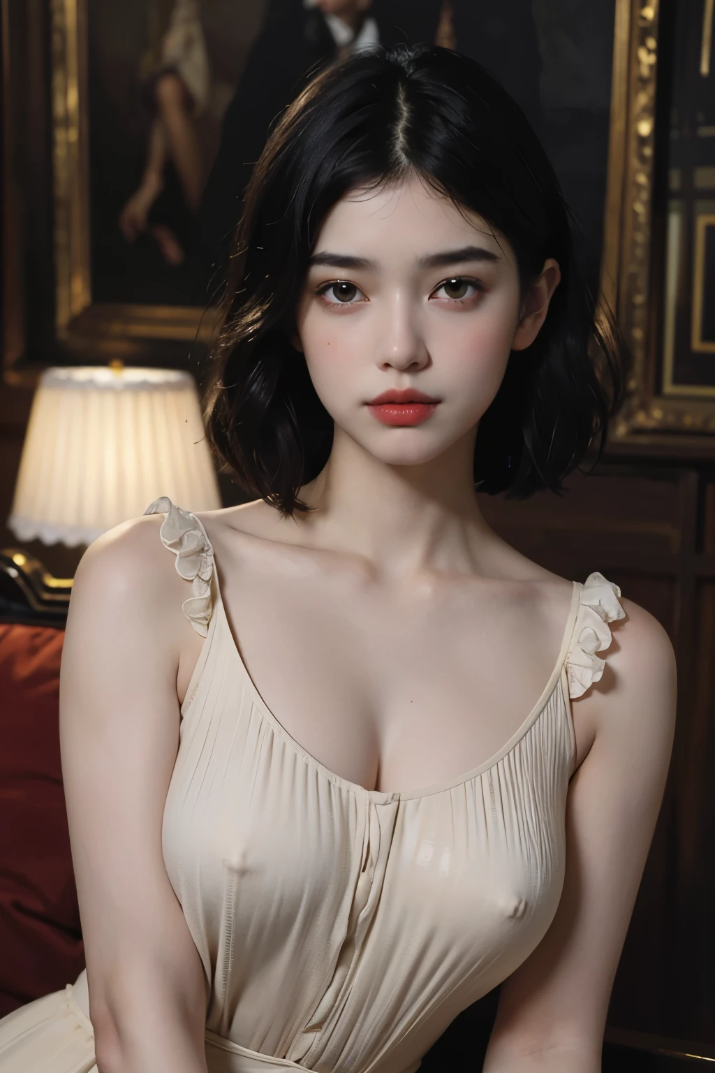 (Sargent oil painting)、(highest quality、masterpiece)、 Realistic, photorealist, one girl, solo,beautiful face、lifelike face、black haired、short hair、beautiful hairstyle、 real looking skin、beautiful skin、attractive、Cute blouse、 Upper body,detailed,dark background,Backlight、soft light、Inspired by Edmund Leighton,