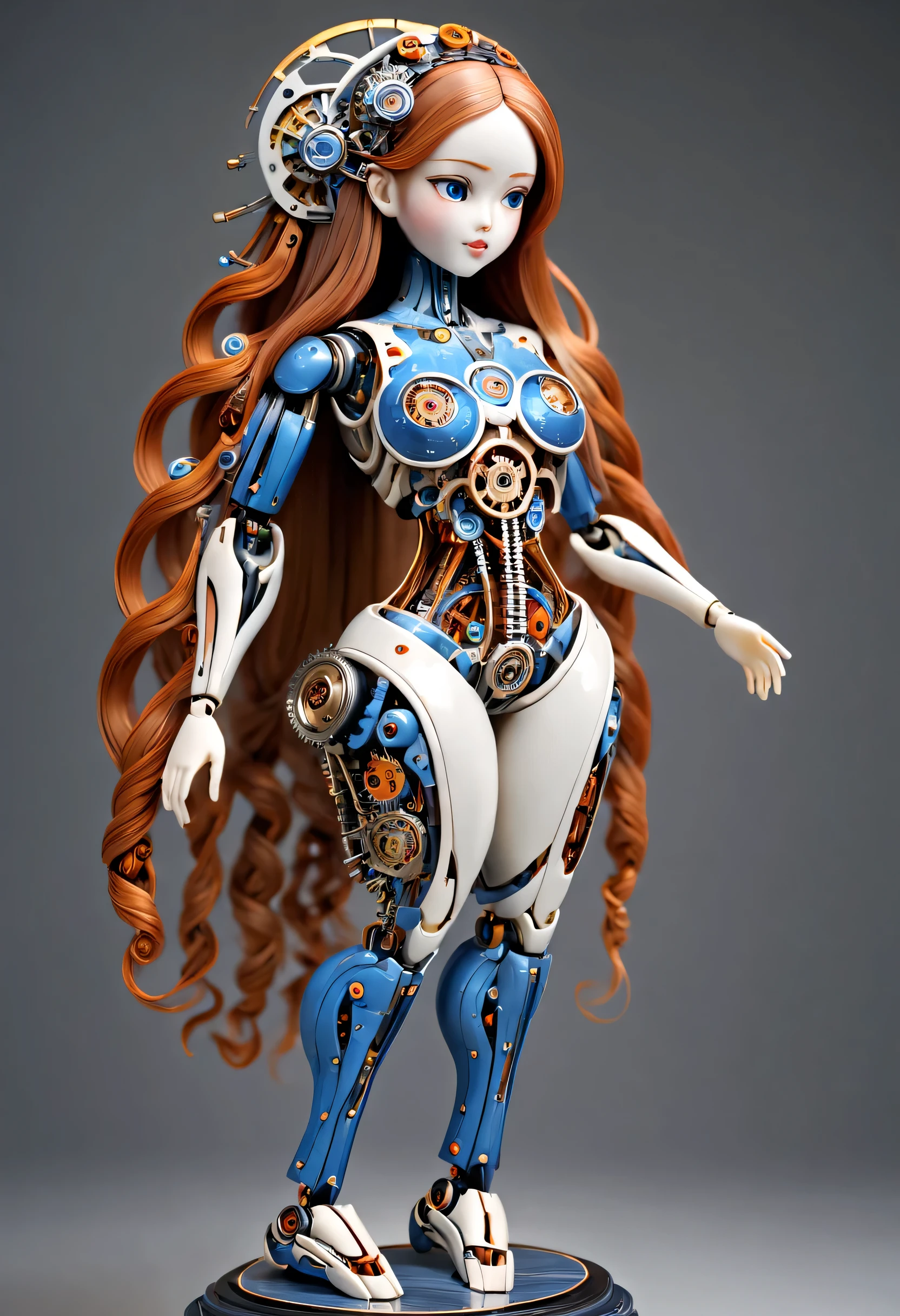 Mechanical doll design，（whole body），Marble sculpture style（Mechanical doll playing electric guitar）, robot character, Beautiful and meticulous，Mechanical clockwork，gear，（Mechanical device log library），Insert the top screw key into the back of the doll，Extra long red double braided hair，blue and orange skirt，rotate，dance，8k，Ultra-fine，lifelike，high resolution，Motion ray tracing，