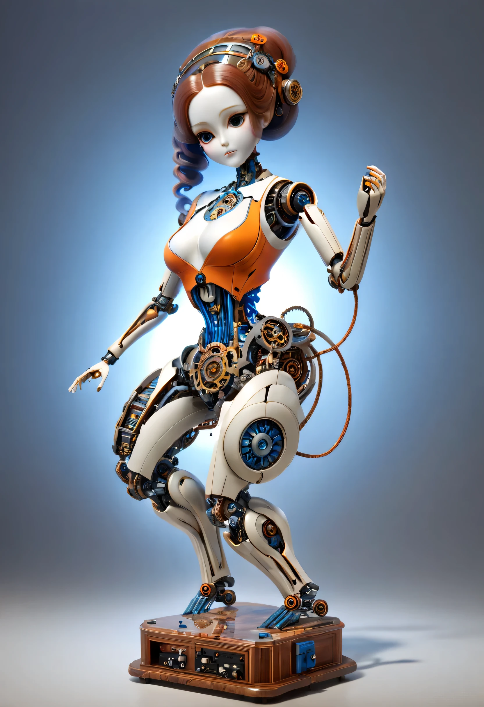 Mechanical doll design，（whole body），Marble sculpture style（Mechanical doll playing electric guitar）, robot character, Beautiful and meticulous，Mechanical clockwork，gear，（Mechanical device log library），Insert the top screw key into the back of the doll，Extra long red double braided hair，blue and orange skirt，rotate，dance，8k，Ultra-fine，lifelike，high resolution，Motion ray tracing，