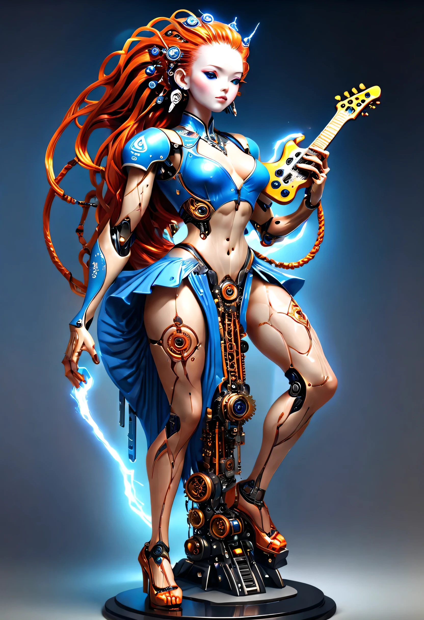 Mechanical doll design,(whole body),Marble sculpture style(Mechanical doll playing electric guitar), robot character, Beautiful and meticulous,Mechanical clockwork,gear,(Mechanical device log library),Insert the top screw key into the back of the doll,Extra long red double braided hair,blue and orange skirt,rotate,dance,8k,Ultra-fine,lifelike,high resolution,Motion ray tracing,background:Cyberpunk future modern city