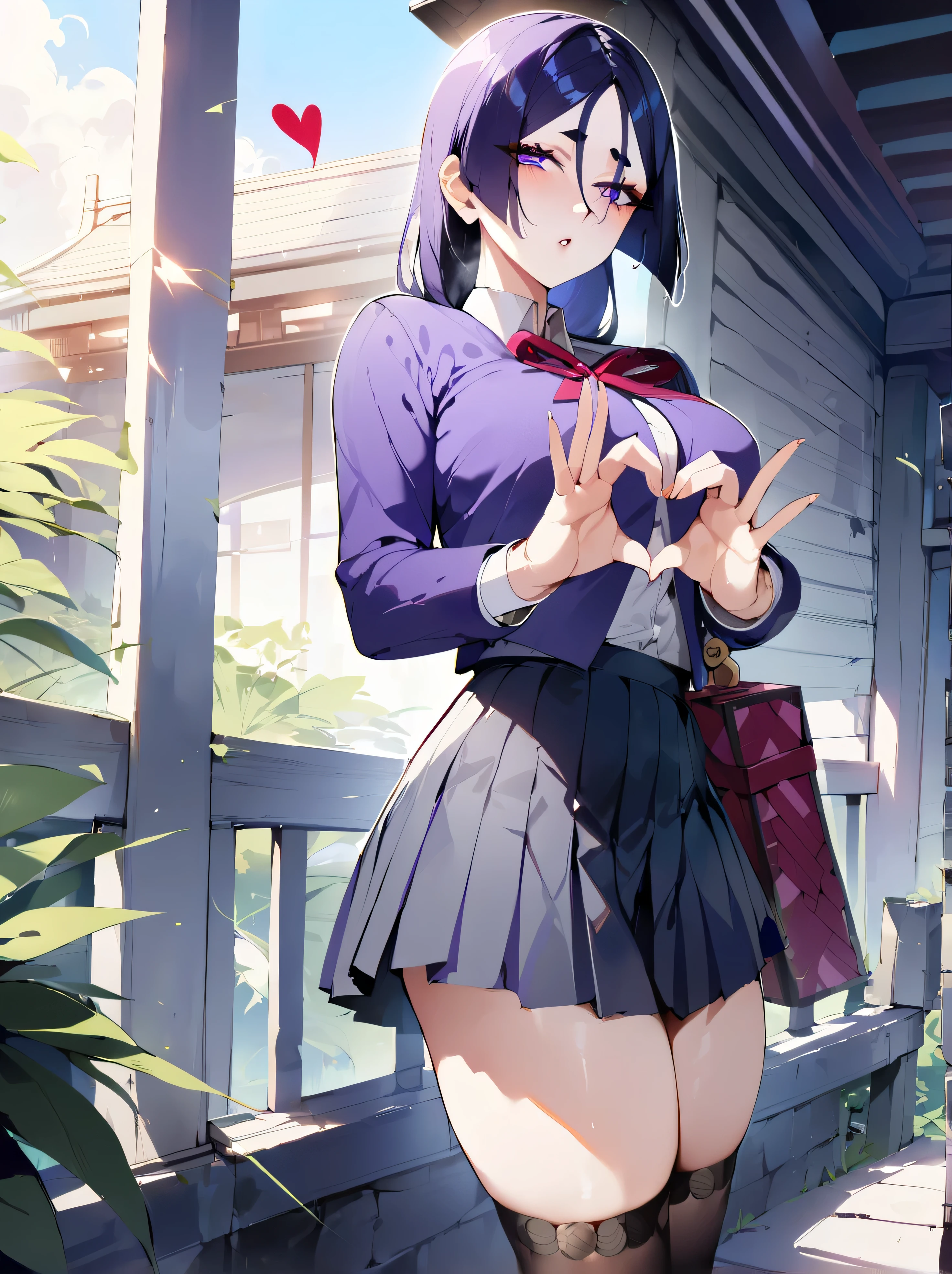 1 girl, Minamoto no Raiko \(fate\), fate/great order, Masterpiece, Best quality, newest, Ideal Anatomy, slender body, , detailed eyes, Perfect eyes   |||||  |||||   from the nanny,author: omone hokoma agm, Realistic  |||||  ||||| ,, school outfit, School skirt,school bag,, stockings, One, purple eyes,, posing, perfect hands, heart shaped hands