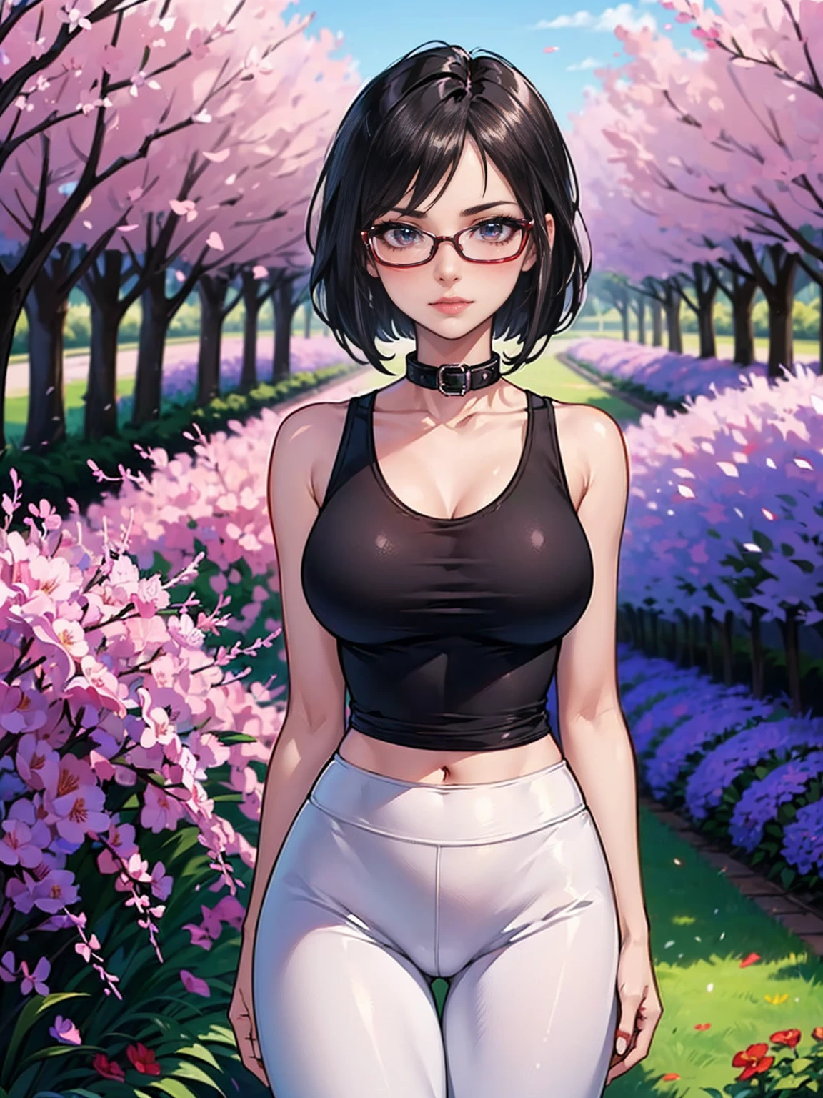 ((1girl, slolo, alone, WakatsukiRisa, smug, black hair, short hair, glasses, brown eyes, wide hips, malicious, small breasts)), smug, ((pink lipstick, Extremely detailed, ambient soft lighting, 4k, perfect eyes, a perfect face, perfect lighting, a 1girl)) , (extremely detailed beautiful face),(( (blush, high collar, off-the-shoulder, sleeveless), ((lascivious look, lascivious)), ((austere, shiny eyes, ((red tank top), white yoga pants), RED tight clothes)), 1girl, solo, standing ((standing, garden background)), flowers, jacaranda grove, park))