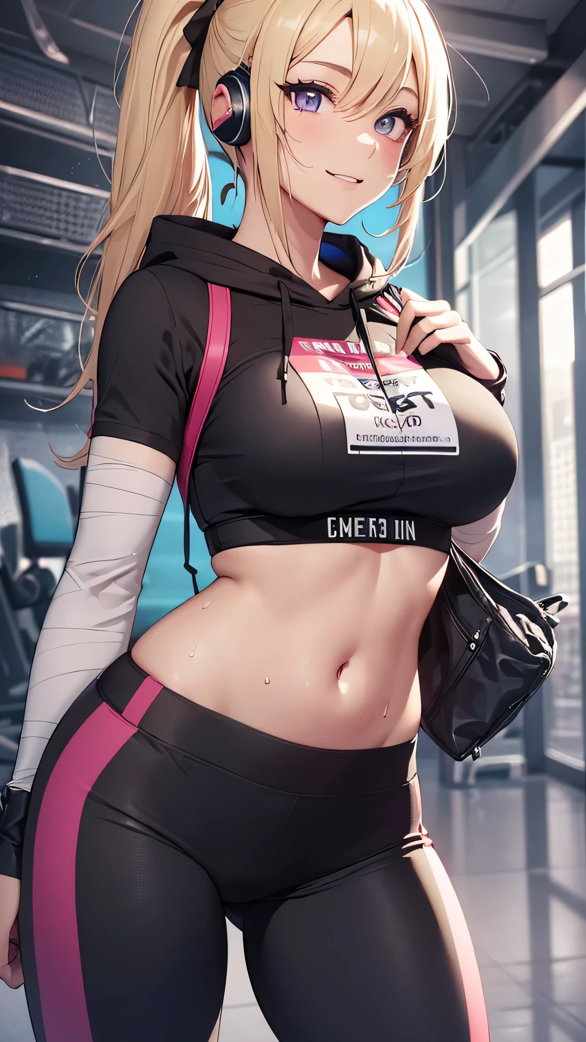 最high quality、best image quality、masterpiece、girl((20-year-old、 By becoming、vest bust、medium bust,wide open breast tea、shining eyes, blonde、long hair、thin,highest valley、ponytail、action of looking up、right arm bandage、Black and purple short sleeve hoodie with plunging neckline、short belly sports pants、cool pose、holding a black smartphone、sweating、smile、forward leaning movement、earphone)),high quality、beautiful art、background((cyber sports gym))、Flight、debris flies、Depth of written boundary、movie、visual art、perfect art、8k,genuine、