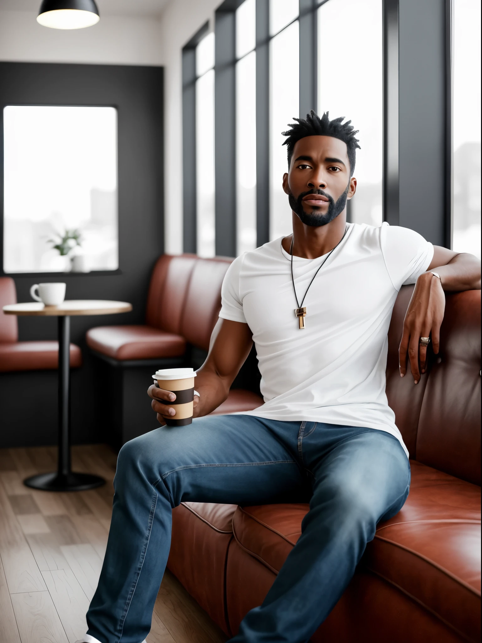 Generate a hyper-realistic photograph of a black handsome man in a casual yet stylish outfit enjoying his time in a cozy coffee shop. Dress him in eye-catching jeans and a fashionable top. Use the warm ambiance of the coffee shop as the backdrop. Highlight the details of his outfit and expression as he relaxes. Apply professional color grading for warmth and authenticity. Ensure sharp focus to capture the scene naturally. Refine the prompt as needed for the perfect blend of casual elegance and realism