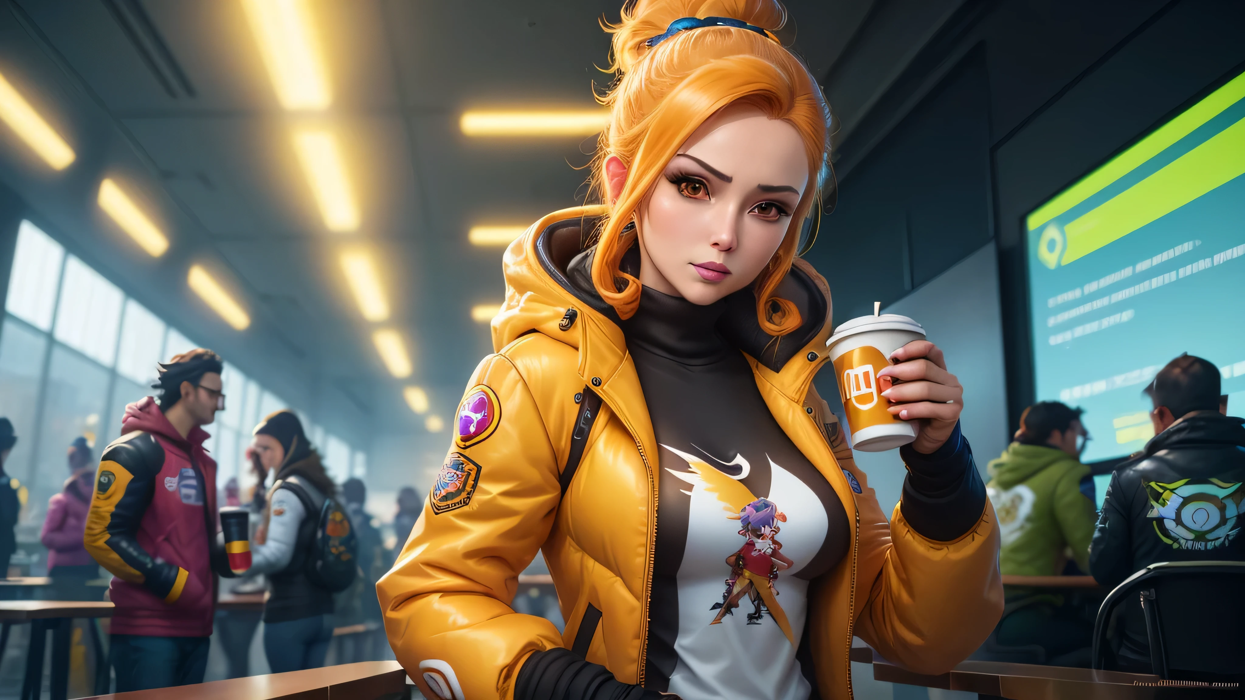 a woman in a yellow jacket holding a cup of coffee, artegerm extremamente detalhado, anime drinks energy drink, Senna de League of Legends, lovely Brigitte de Overwatch, Brigitte de Overwatch, ruan jia e artegerm, artegerm trend, Faye Valentim, como artegerme, gama murata e artegerm, modelo uniforme | artegerm