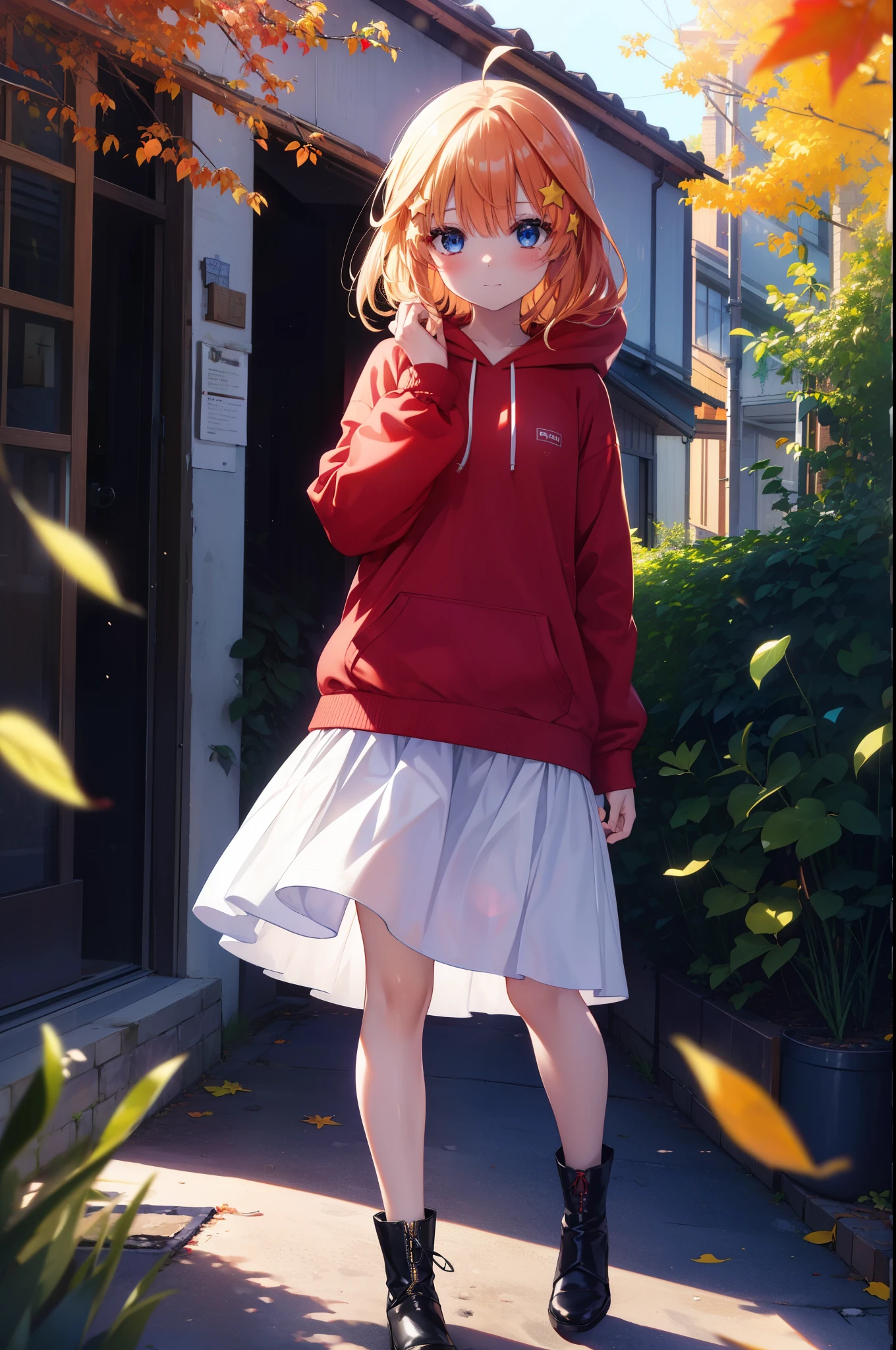 itsukinakano, Itsuki Nakano, bangs, blue eyes, hair between eyes, Ahoge, redhead, star \(symbol\), hair ornaments, star hair ornaments,smile,blush,short braided hair,long hair,Red hoodie,white long skirt,short boots,Tsukimi,moonlight,night,Autumn leaves are scattered,walking,
break outdoors, garden,
break (masterpiece:1.2), highest quality, High resolution, unity 8k wallpaper, (figure:0.8), (detailed and beautiful eyes:1.6), highly detailed face, perfect lighting, Very detailed CG, (perfect hands, perfect anatomy),