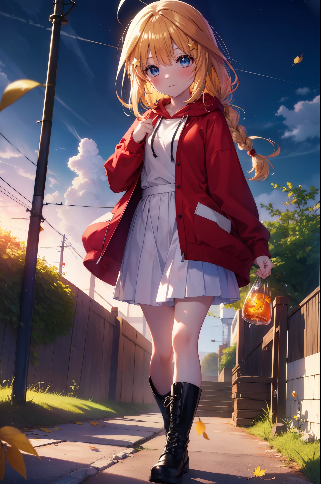 itsukinakano, Itsuki Nakano, bangs, blue eyes, hair between eyes, Ahoge, redhead, star \(symbol\), hair ornaments, star hair ornaments,smile,blush,short braided hair,long hair,Red hoodie,white long skirt,short boots,Tsukimi,moonlight,night,Autumn leaves are scattered,walking,
break outdoors, garden,
break (masterpiece:1.2), highest quality, High resolution, unity 8k wallpaper, (figure:0.8), (detailed and beautiful eyes:1.6), highly detailed face, perfect lighting, Very detailed CG, (perfect hands, perfect anatomy),