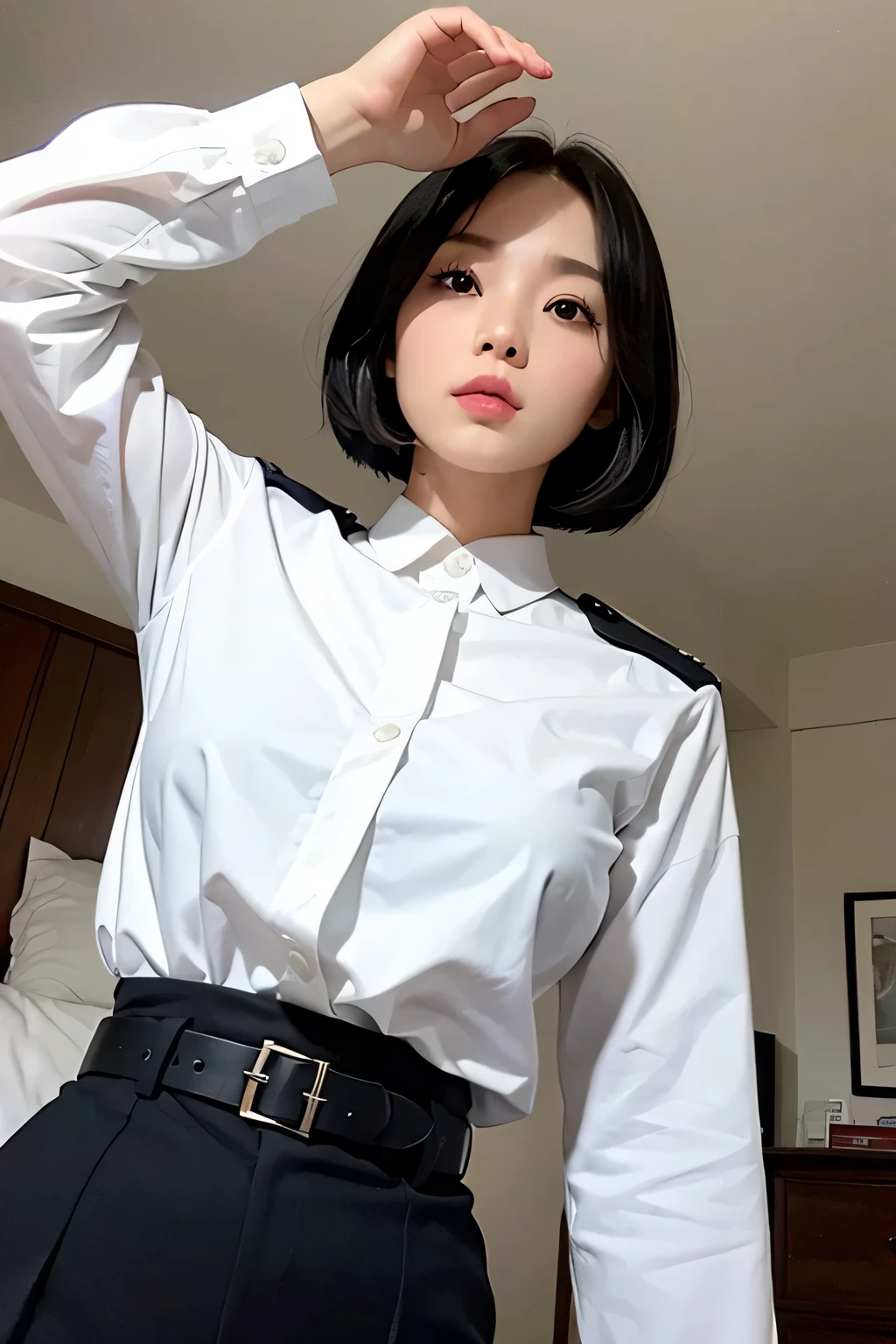 white blouse、beautiful policewoman、black bob hair、((whole body))、(((photo taken from below)))、Bedroom