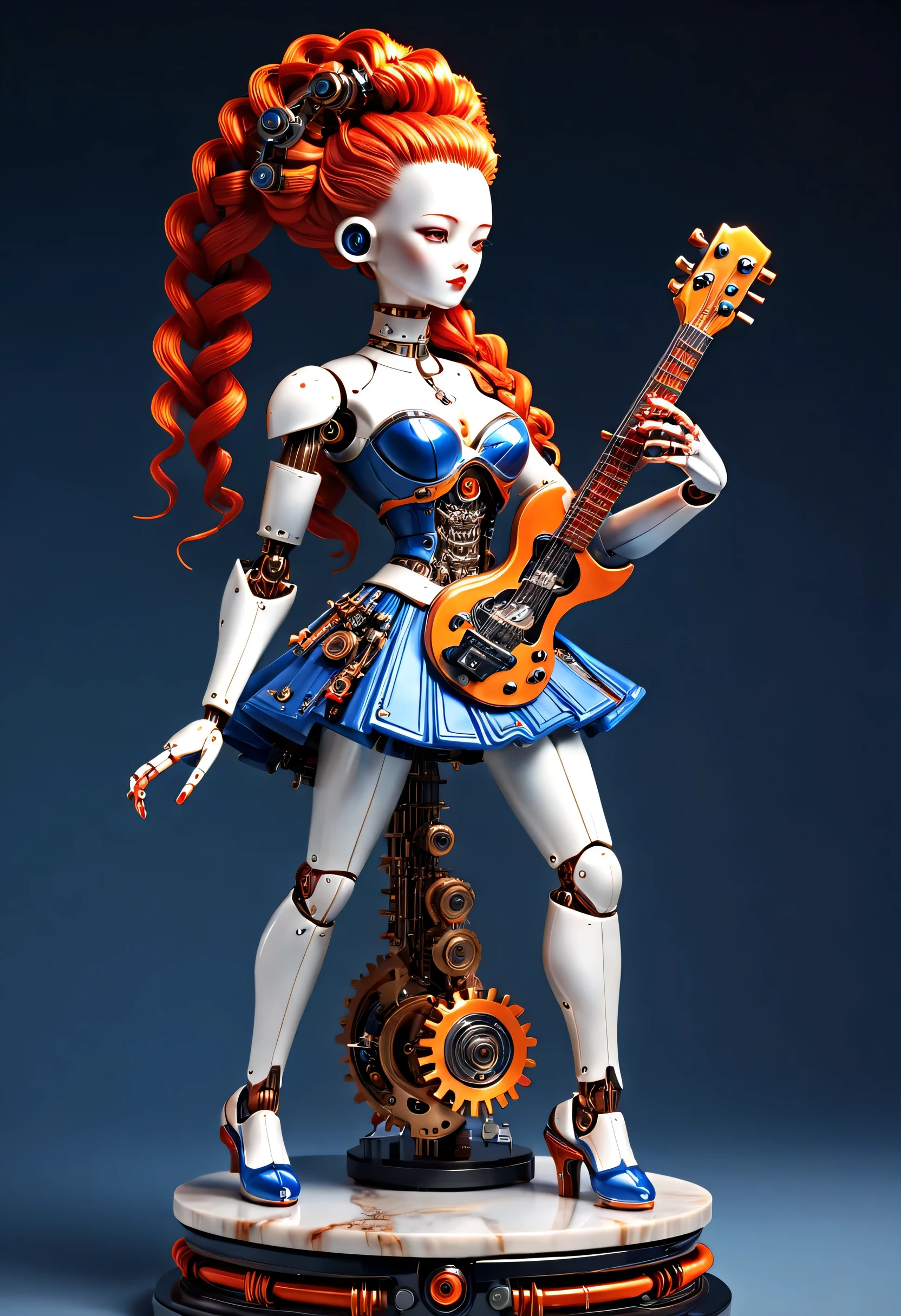 Mechanical doll design,(whole body),Marble sculpture style(Mechanical doll playing electric guitar), robot character, Beautiful and meticulous,Mechanical clockwork,gear,(Mechanical device log library),Insert the top screw key into the back of the doll,Extra long red double braided hair,blue and orange skirt,rotate,dance,8k,Ultra-fine,lifelike,high resolution,Motion ray tracing,background:Cyberpunk future modern city