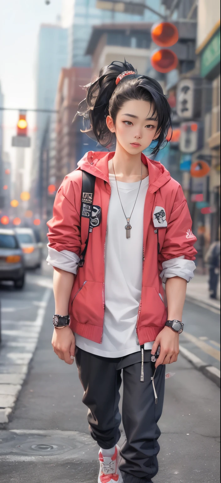 a masterpiece，Bestquality，offical art，8kwallpaper，Extremely Detailed，Illustration，23 year old 1BOY，ponnytail hair, Trendy outfits，watch，sneaker shoes，squat down，Hands droop naturally，Hooded jacket，Street side，