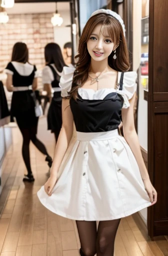 cafe, multiple girls, interior photo, walking, wink, maid, earrings, full body shot, front view, low angle shot