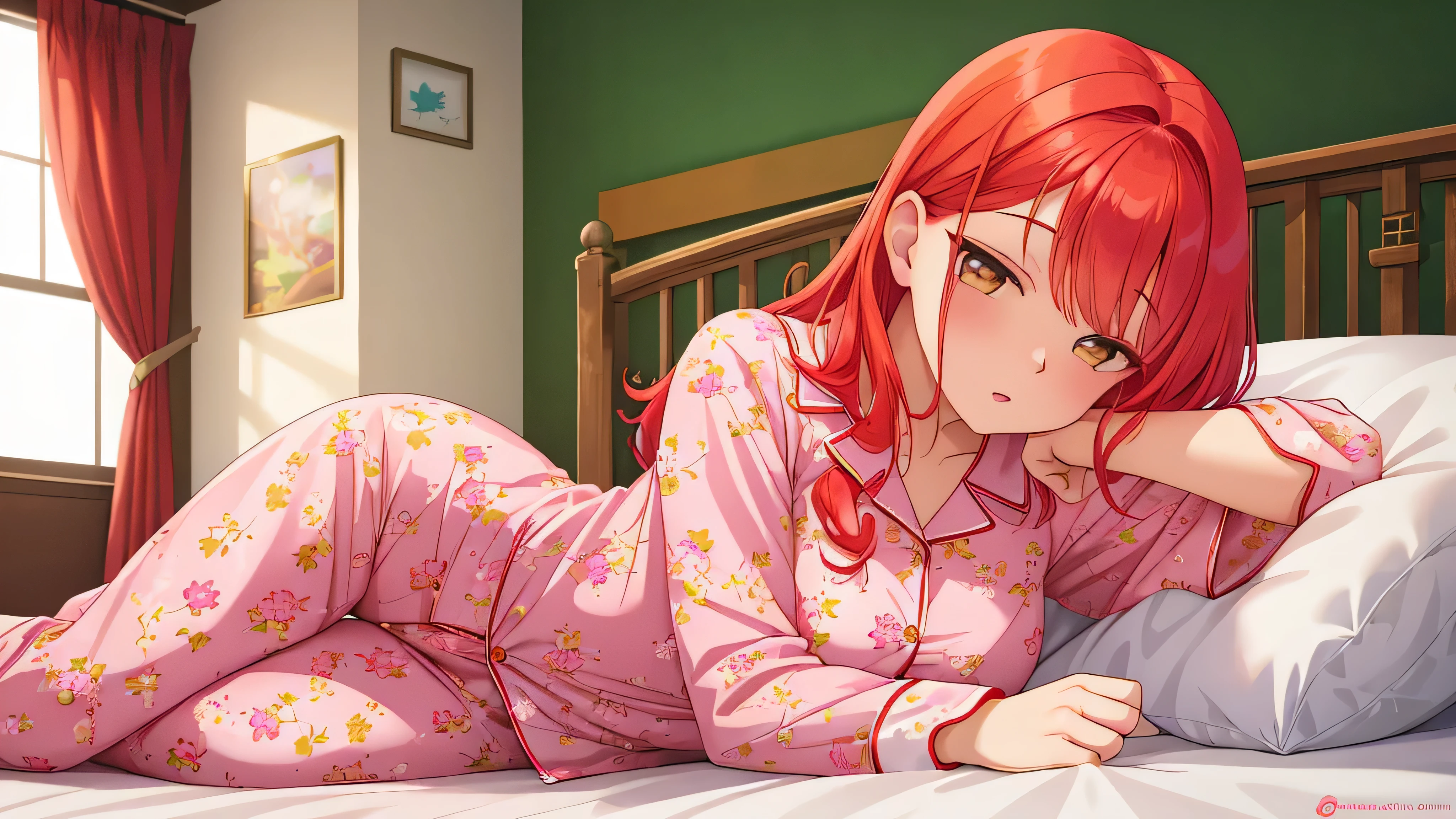 There is a woman sitting on a bed wearing pink floral pajamas, garota ruiva, linda mulher ruiva, mulher ruiva, young garota ruiva, cabelo ruivo curto e brilhante, red hair and attractive features, Anna Nikonova aka Newmilky, garota ruiva, ruiva, Mulher bonita, posando na cama, Red head, com cabelo ruivo curto, posando em uma sala