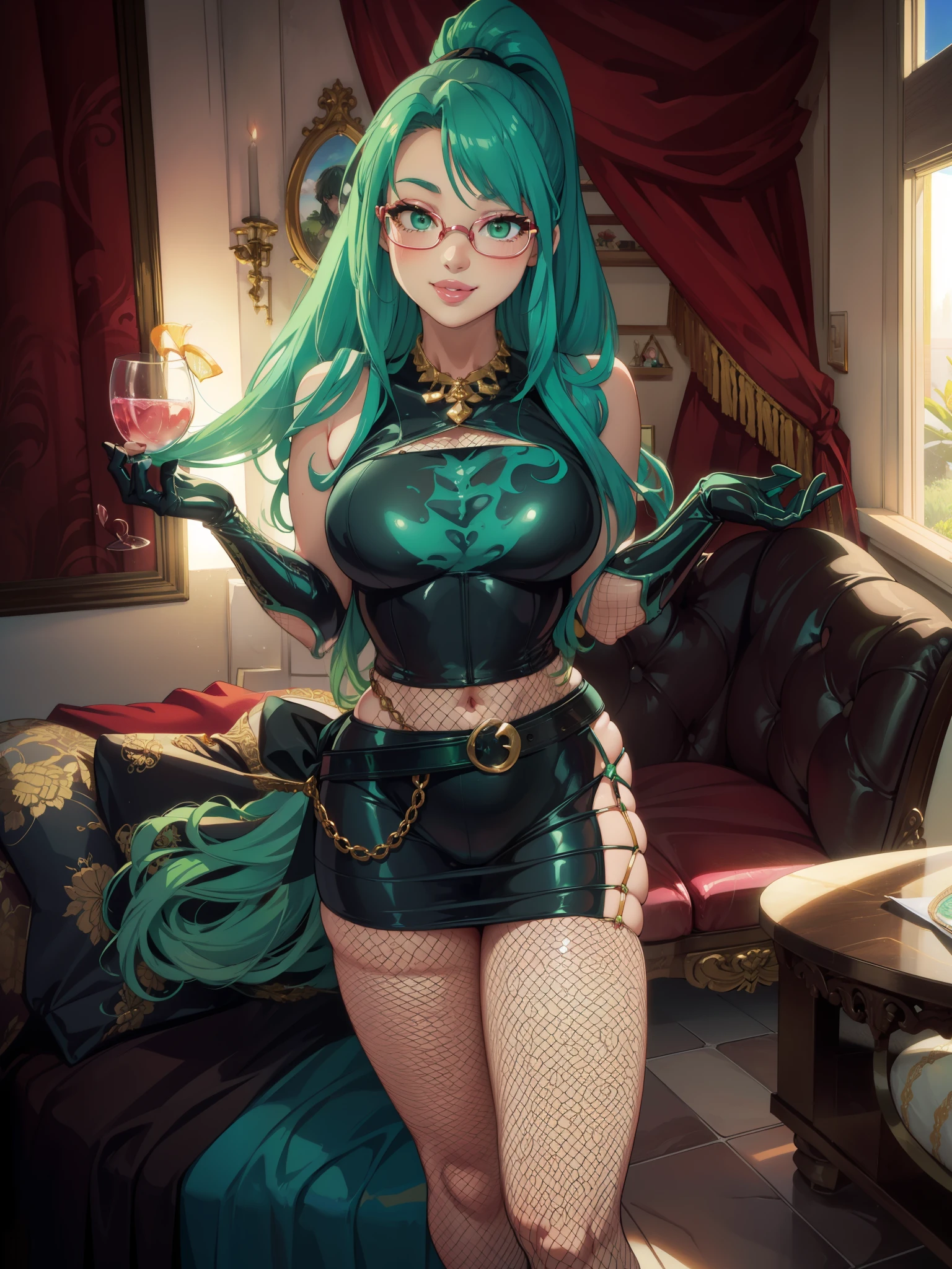 blush, smile,glowing aura, natural light, masterpiece, glossy skin, juicy lips , ,sexy, hot, evil,juicy lips hour glass, , juicy lips, , slender body, small , huge ass, green hair, ponytail ,looking up, smile, ultra detailed , , ((wavey hair)), green eyes, glasses, (((big )), wide hips