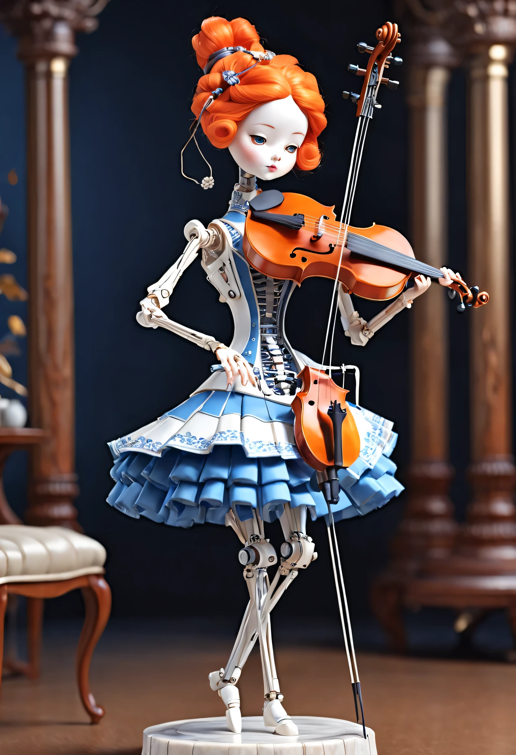 Marble sculpture style, role conception, (whole body), (A mechanical doll that plays the cello), Beautiful and meticulous, Mechanical wires hanging from the top connect the doll's fingers to the bow, Gear line connecting slender legs, (The log library of this mechanism), The key spring is inserted into the back of the doll, cute and beautiful face, Extra long red double braid, blue and orange skirt, Slender mechanical wooden arms and legs, 8k, super detailed, actual, high resolution, Ray tracing,(There are a lot of titanium wires in the background)