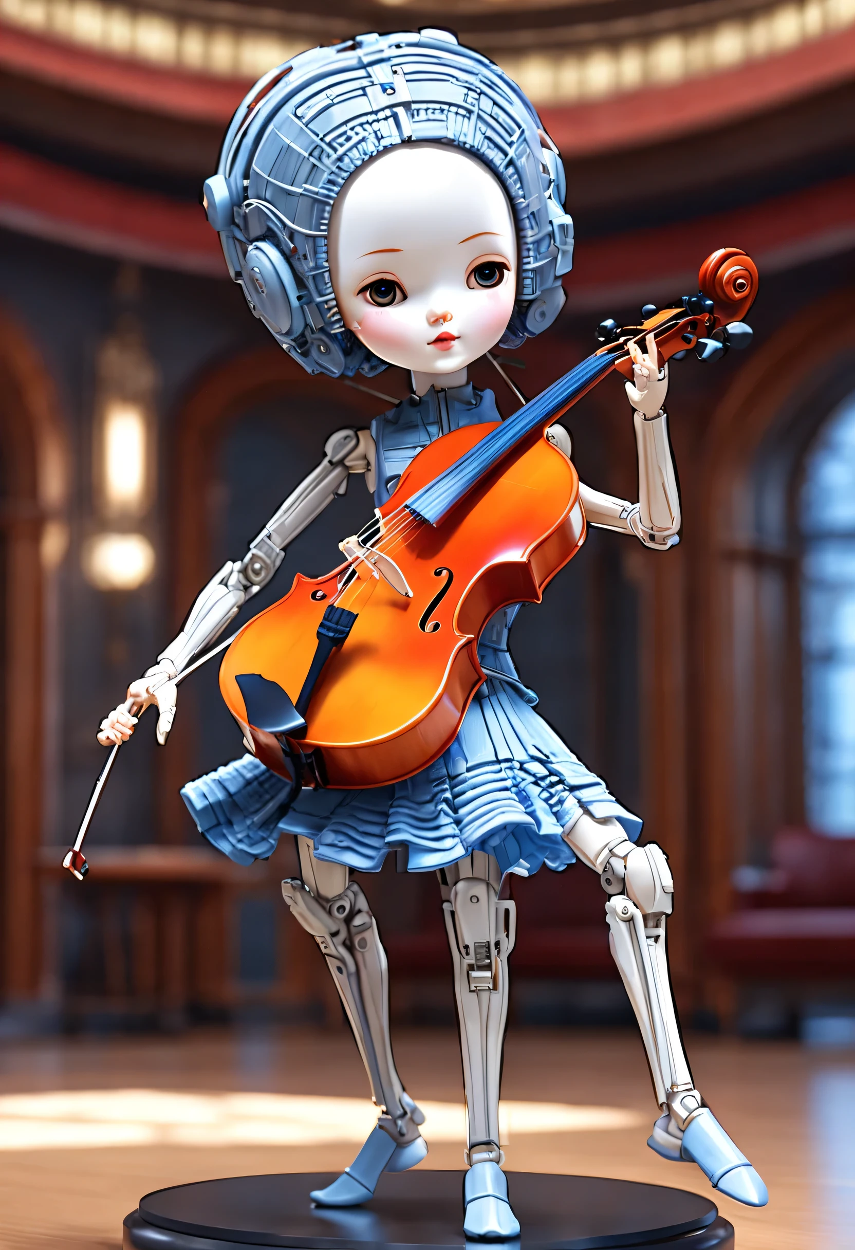 Marble sculpture style, role conception, (whole body), (A mechanical doll that plays the cello), Beautiful and meticulous, Mechanical wires hanging from the top connect the doll&#39;s fingers to the bow, Gear line connecting slender legs, (The log library of this mechanism), The key spring is inserted into the back of the doll, cute and beautiful face, Extra long red double braid, blue and orange skirt, Slender mechanical wooden arms and legs, 8k, super detailed, actual, high resolution, Ray tracing,（Lots and lots of titanium wire：0.65），background：Future Internet City Opera House