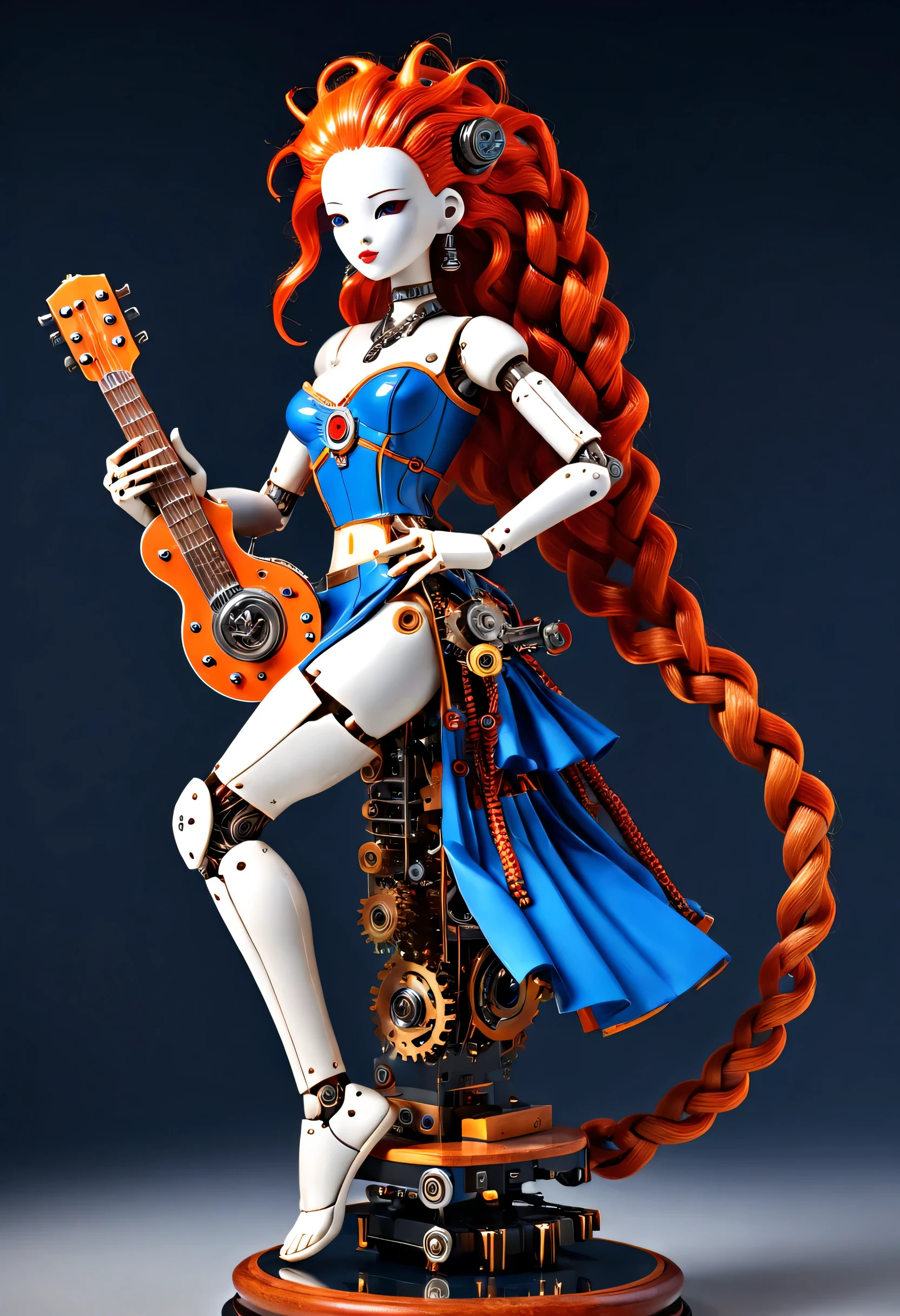 Mechanical doll design,(whole body),Marble sculpture style(Mechanical doll playing electric guitar), robot character, Beautiful and meticulous,Mechanical clockwork,gear,(Wooden mechanism base),Insert the top screw key into the back of the doll,Extra long red double braided hair,blue and orange skirt,rotate,dance,8k,Ultra-fine,lifelike,high resolution,Motion ray tracing,(background:Cyberpunk future modern city)