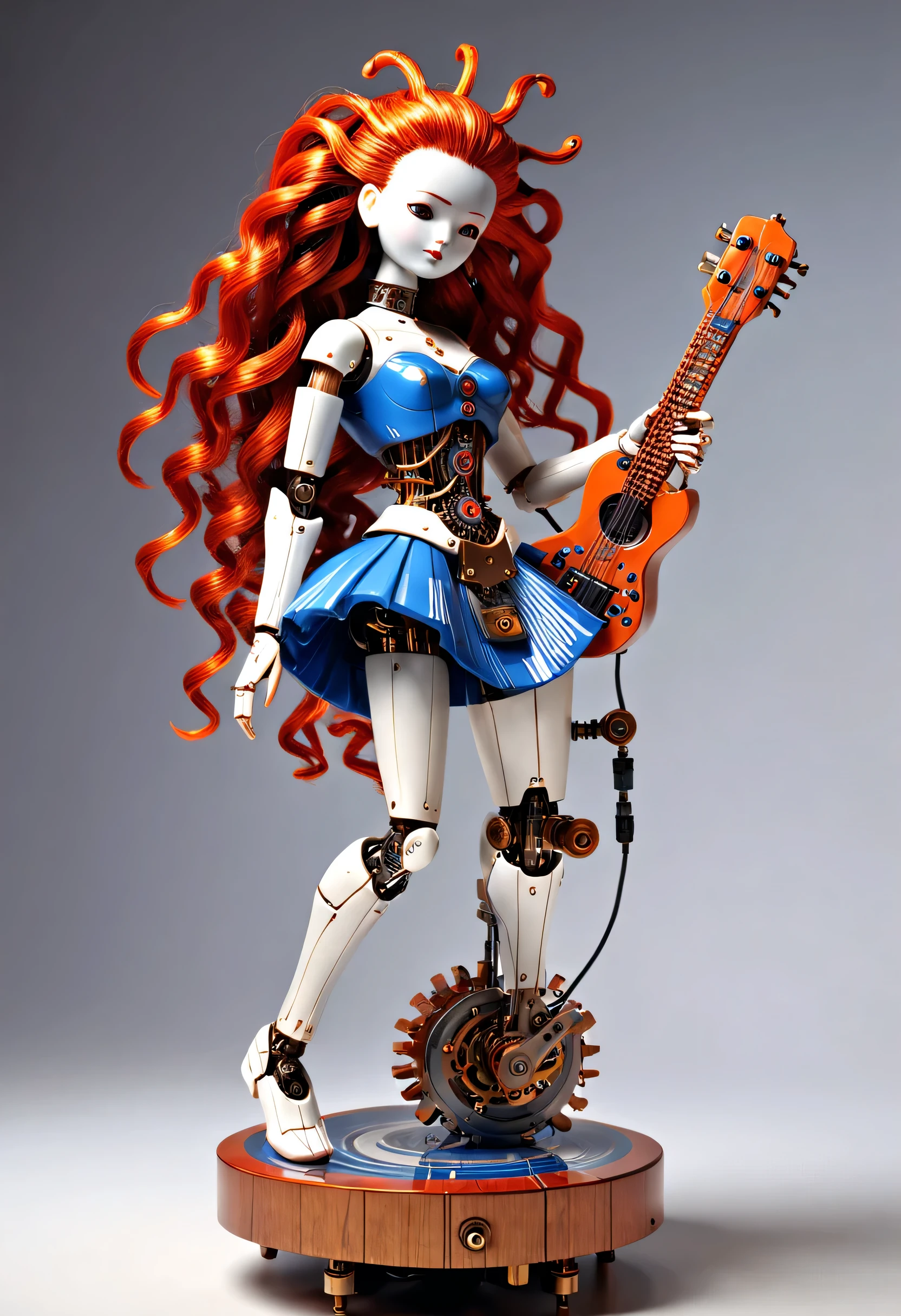 Mechanical doll design，（whole body），Marble sculpture style（Mechanical doll playing electric guitar）, robot character, Beautiful and meticulous，Mechanical clockwork，gear，（Wooden mechanism base），Insert the top screw key into the back of the doll，Extra long red double braided hair，blue and orange skirt，rotate，dance，8k，Ultra-fine，lifelike，high resolution，Motion ray tracing，（background：Cyberpunk future modern city）