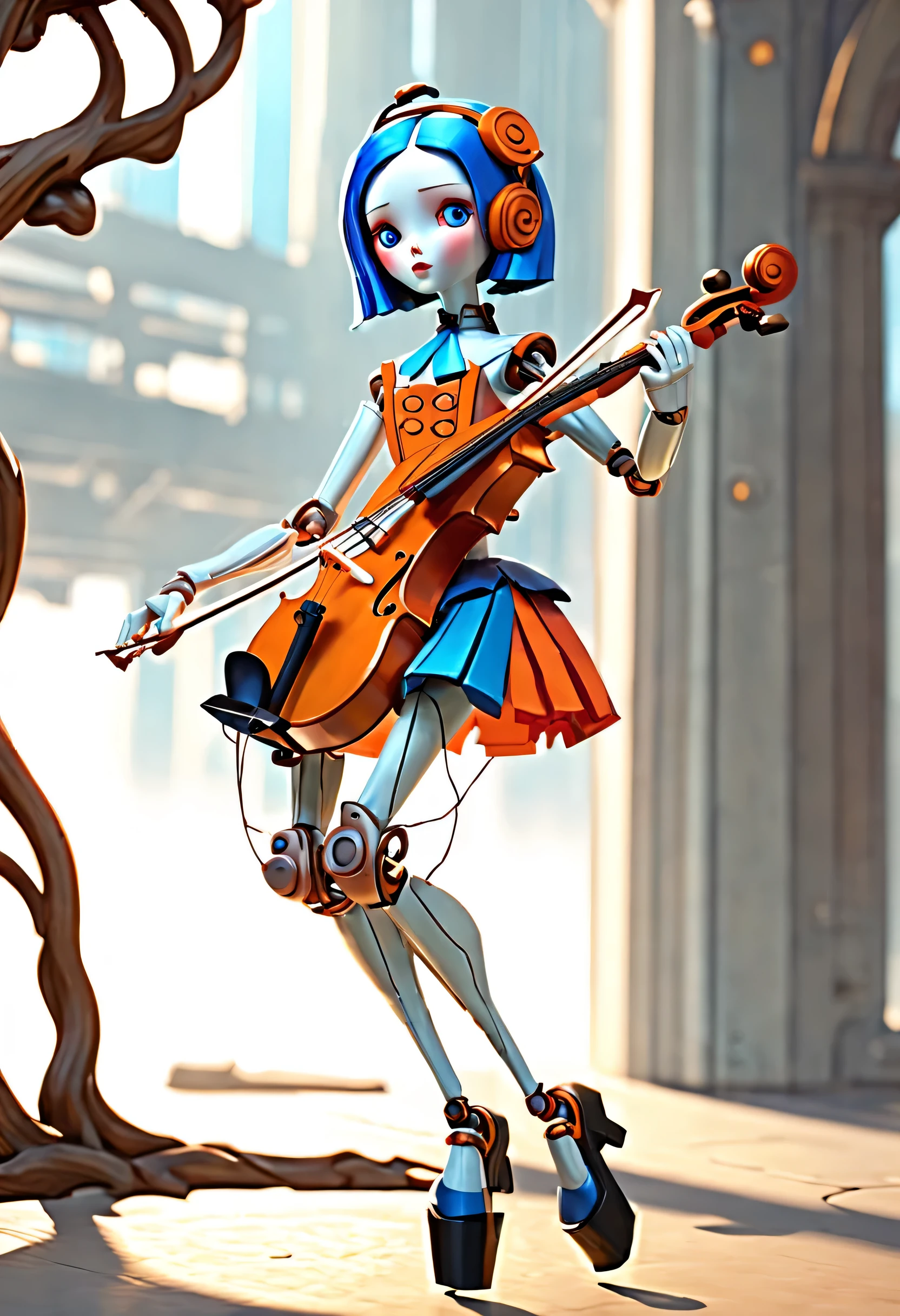 Marble sculpture style, role conception, (whole body), (A mechanical doll that plays the cello), Beautiful and meticulous, Mechanical wires hanging from the top connect the doll&#39;s fingers to the bow, Gear line connecting slender legs, (The log library of this mechanism), The key spring is inserted into the back of the doll, cute and beautiful face, Extra long red double braid, blue and orange skirt, Slender mechanical wooden arms and legs, 8k, super detailed, actual, high resolution, Ray tracing,（Lots and lots of titanium wire：0.65），background：Future Internet City Opera House