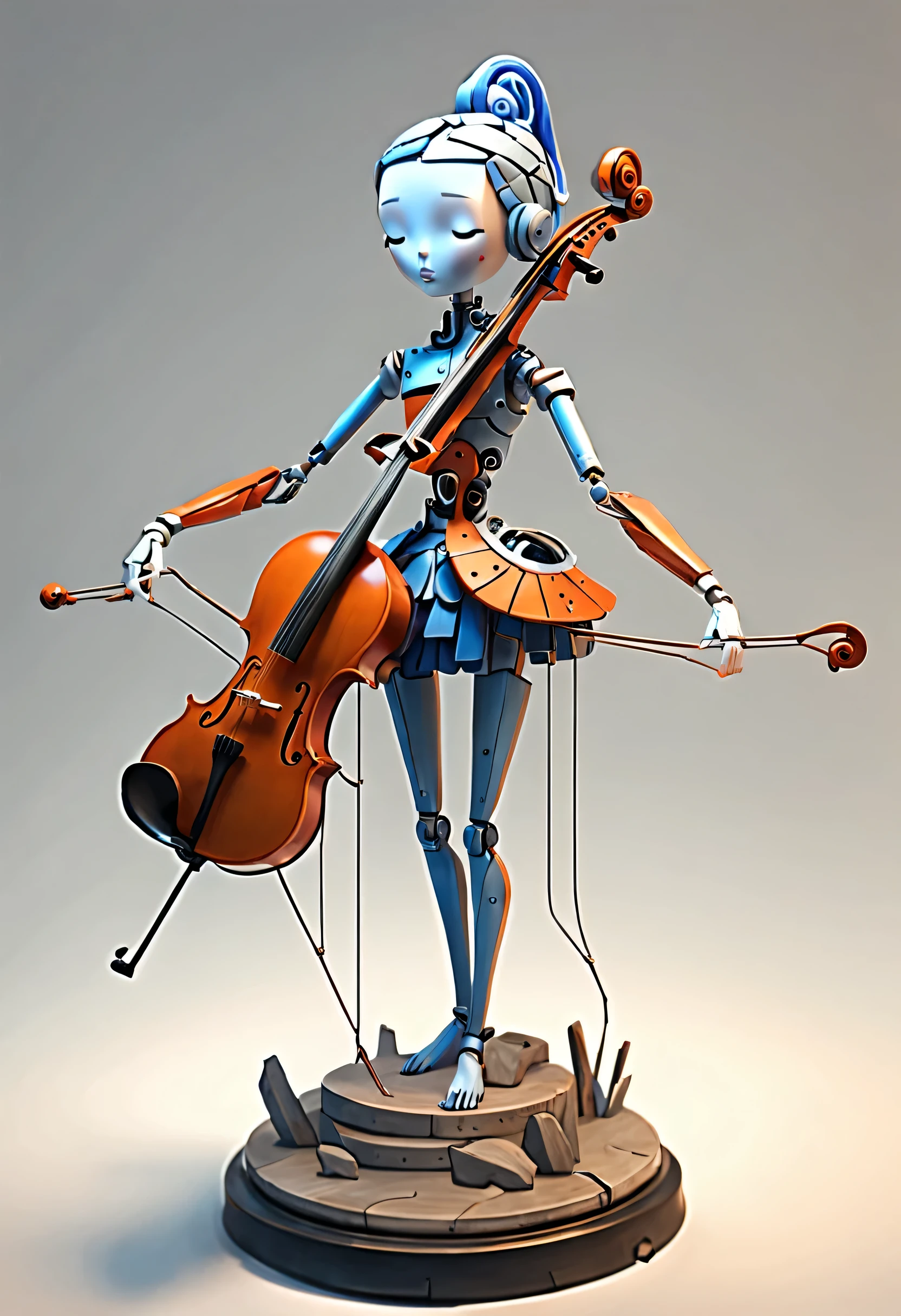 Marble sculpture style, role conception, (whole body), (A mechanical doll that plays the cello), Beautiful and meticulous, Mechanical wires hanging from the top connect the doll's fingers to the bow, Gear line connecting slender legs, (The log library of this mechanism), The key spring is inserted into the back of the doll, cute and beautiful face, Extra long red double braid, blue and orange skirt, Slender mechanical wooden arms and legs, 8k, super detailed, actual, high resolution, Ray tracing,(Lots and lots of titanium wire:0.65),background:Future Internet City Opera House