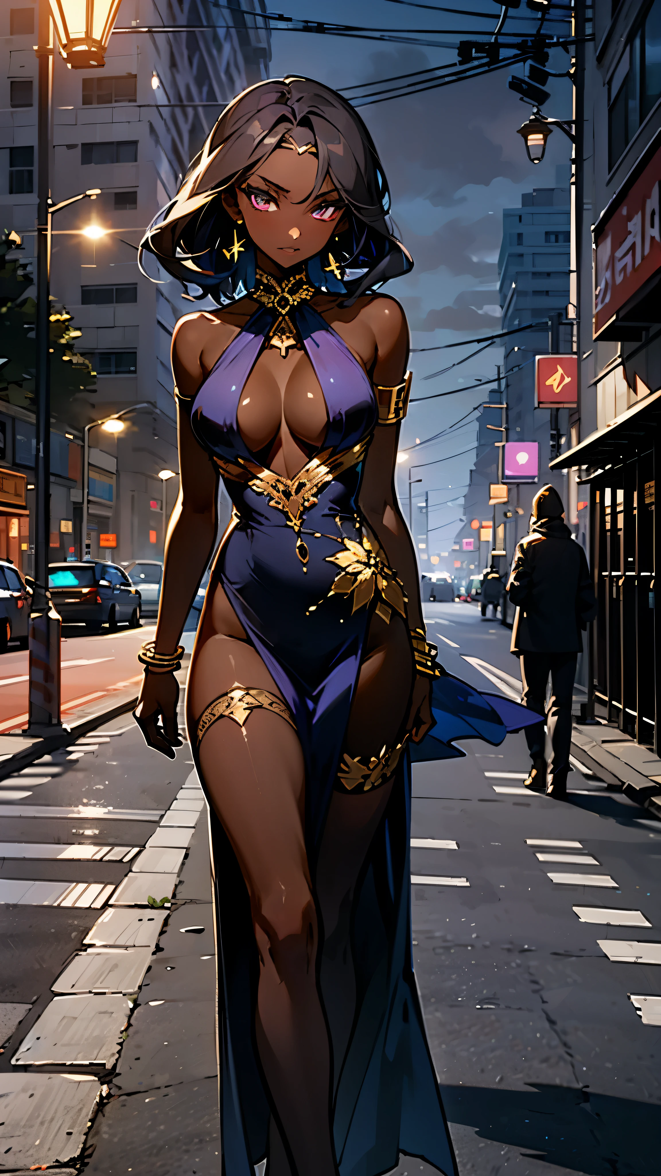 shiny gold, shiny accessories, shiny dark skin reflecting light, shiny glowing eyes, shiny effect, earrings, thigh garter, armlet, bracelet, necklaces, 1 hot girl, dark skin, purple high-slit dress, low-cut cleavage, halter neckline, thigh cleavage, street sidewalk, fog, night city
