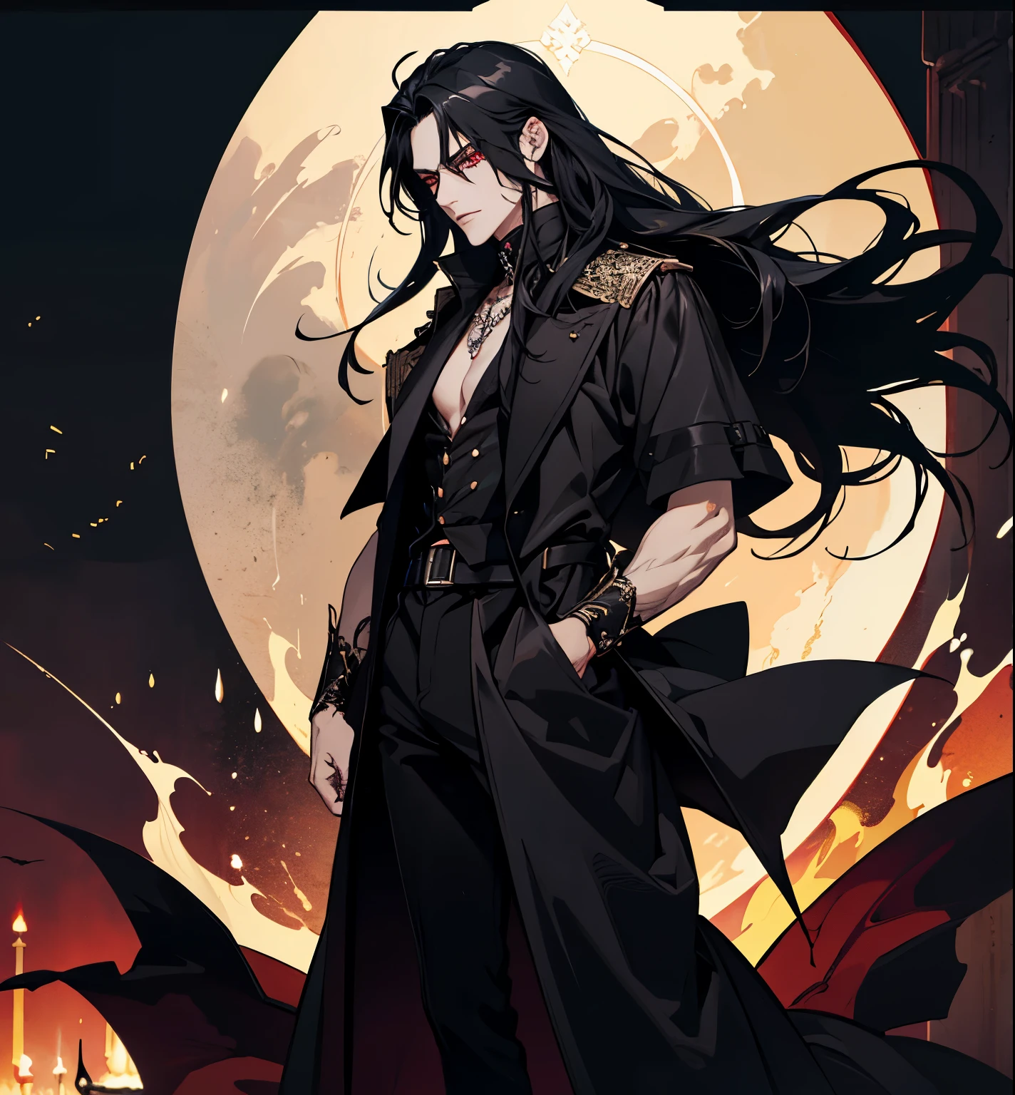 black hair, alucard, full body, beautiful male god of death, vampire fashion, detailed anime character art, male vampire of clan banu haqim, l vampire, with his long black hair, androgynous vampire, detailed 25 year old male face, ultra realistic anime, red eyes, no emotions, INTJ, intelligent, sexy, attractive, full body, tongle, no clothes, no shirt, dark background