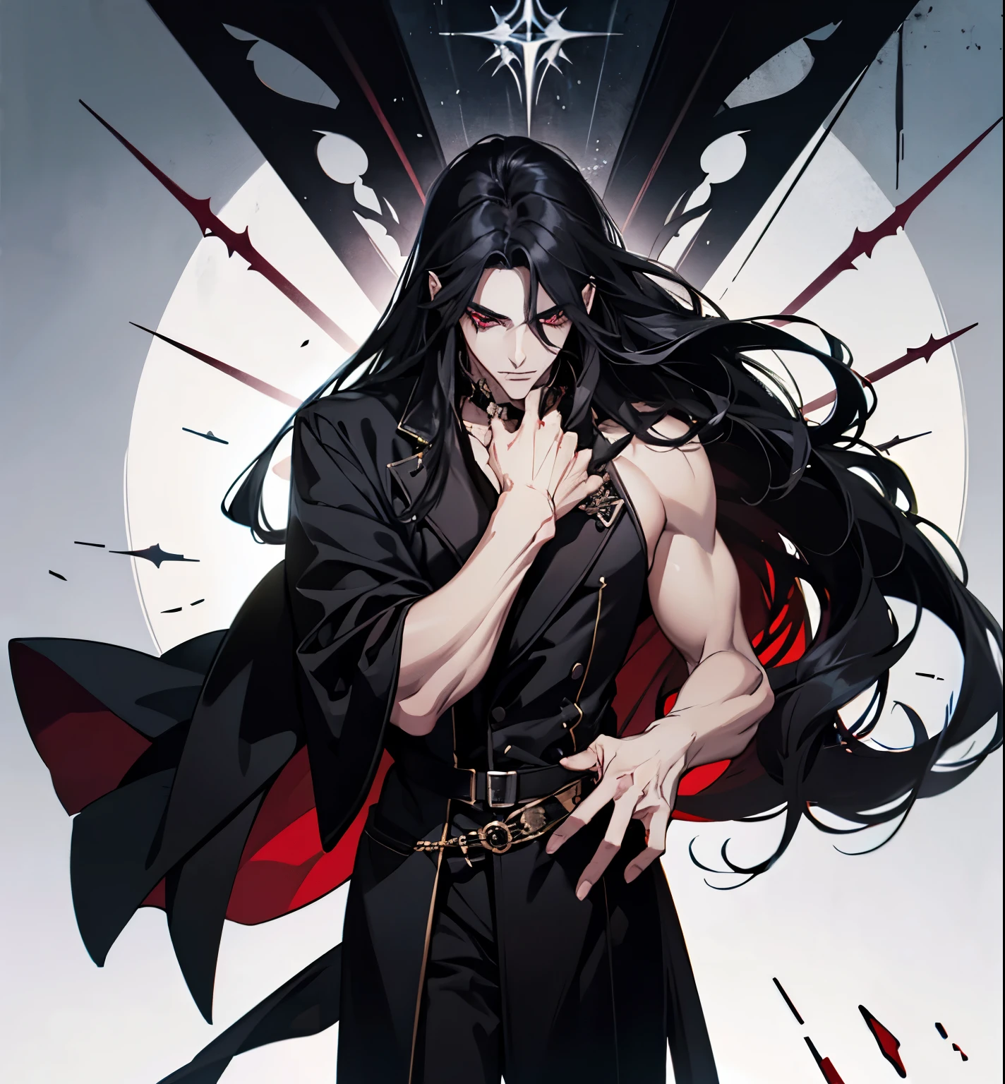 black hair, alucard, full body, beautiful male god of death, vampire fashion, detailed anime character art, male vampire of clan banu haqim, l vampire, with his long black hair, androgynous vampire, detailed 25 year old male face, ultra realistic anime, red eyes, no emotions, INTJ, intelligent, sexy, attractive, full body, tongle, no clothes, no shirt, dark background