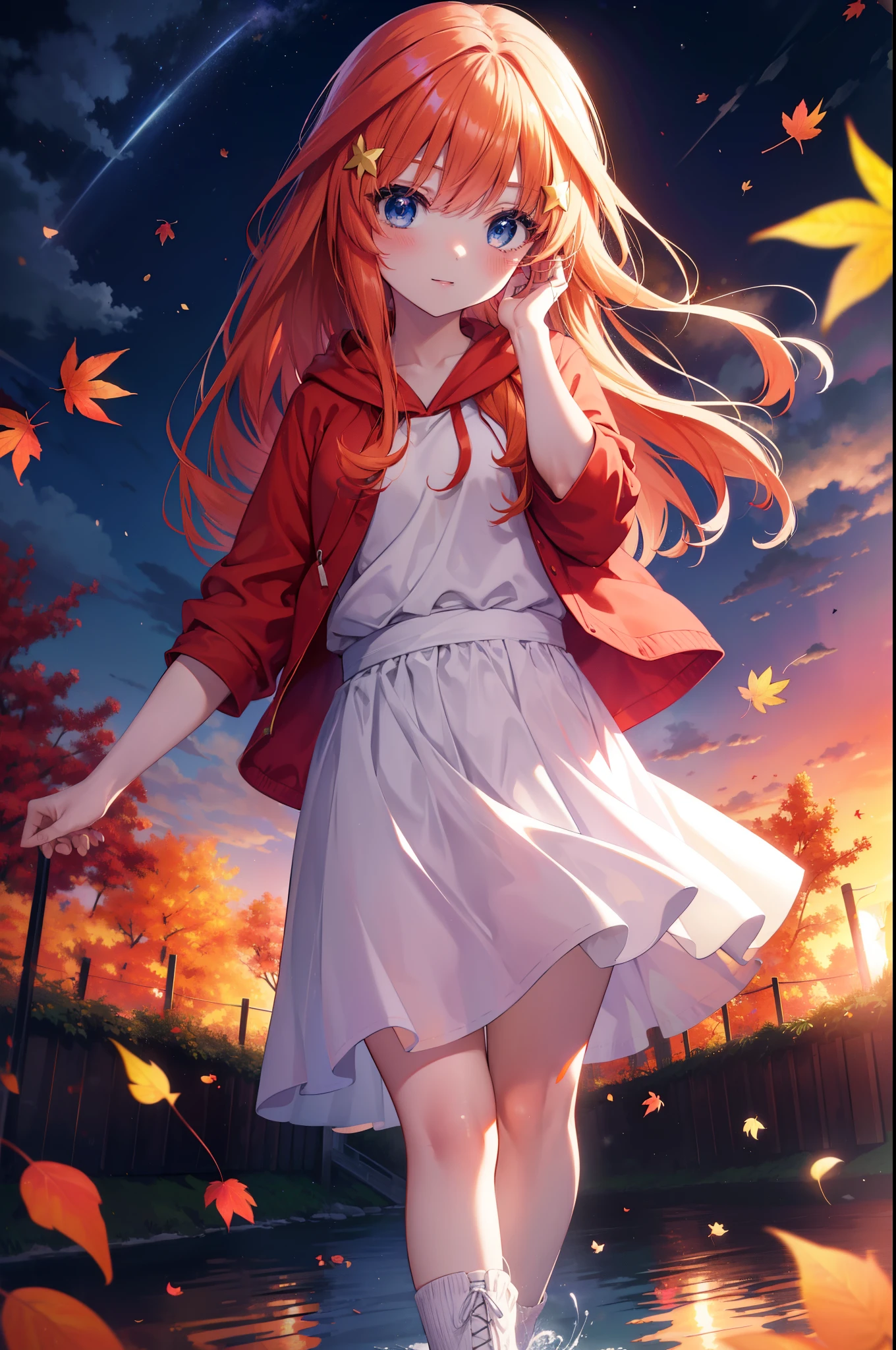 itsukinakano, Itsuki Nakano, bangs, blue eyes, hair between eyes, Ahoge, redhead, star \(symbol\), hair ornaments, star hair ornaments,smile,blush,short braided hair,long hair,Red hoodie,white long skirt,short boots,Tsukimi,moonlight,night,Autumn leaves are scattered,walking,
break outdoors, garden,
break (masterpiece:1.2), highest quality, High resolution, unity 8k wallpaper, (figure:0.8), (detailed and beautiful eyes:1.6), highly detailed face, perfect lighting, Very detailed CG, (perfect hands, perfect anatomy),