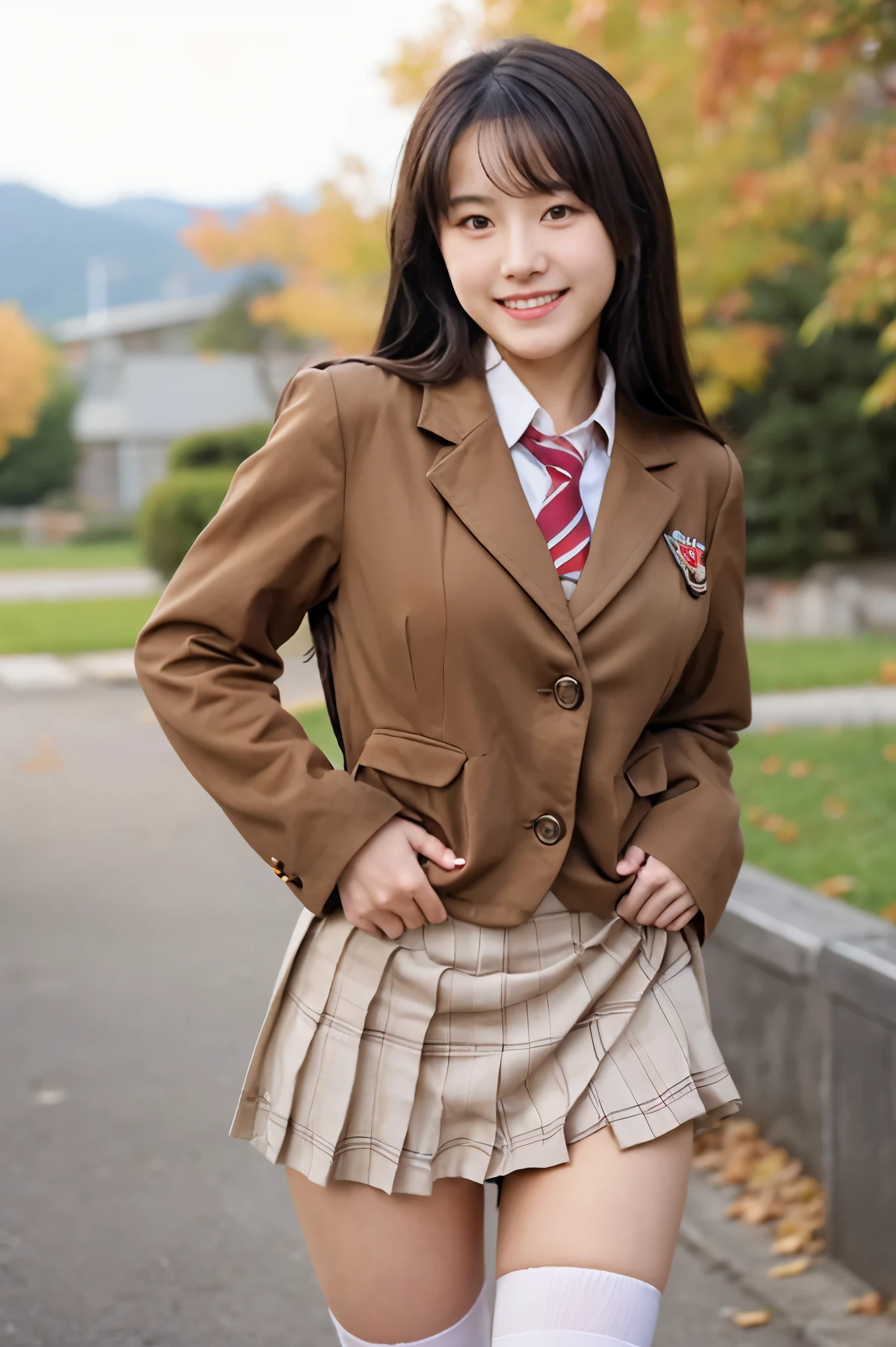 (((masterpiece))),  (one beautiful japanese girl, Classmate, innocence，cute) ，超A high resolution, realistic, super detailed, 8k,highest quality, very detailed, detailed background,Slender,very beautiful japanese girl, detailed face:1.3), (hair blowing in the wind，black haired :1.4), (，cute系,adorable 14 year operfect body:1.1),  (brown blazer, light brown pleated mini skirt), provocative smile,Please show me your beautiful teeth,超detailed face、lip details、detailed eye、small gravure idol，transparent skin、，Japanese high school uniform with the school emblem on the chest、sexy pose，pay attention to the butt，think back，Skirt lifts up、You can see the cute pants、SKIRTLIFT,PANTY ASIDE,