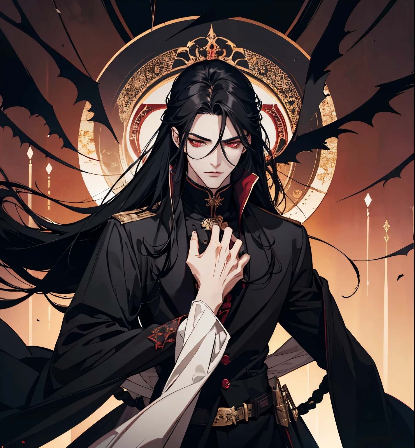 black hair, alucard, full body, beautiful male god of death, vampire fashion, detailed anime character art, male vampire of clan banu haqim, l vampire, with his long black hair, androgynous vampire, detailed 25 year old male face, ultra realistic anime, red eyes, no emotions, INTJ, intelligent, sexy, attractive, full body, tongle, no clothes, no shirt, dark background
