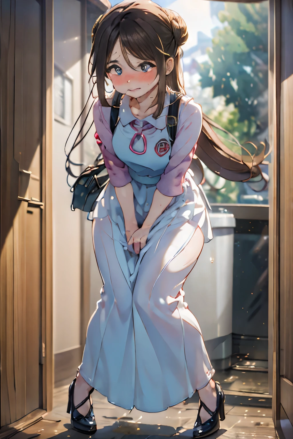 (ultra-detailed, best quality, anatomically perfect body:2), (1 girl, have to pee, very desperate to pee, have to pee), party venue, Women's restroom, Beautiful interior, (other woman waiting in restroom together:1.6), (maxi dress, long skirt, petticoat, heels, messy bun:1.2), (have to pee:1.5), (knees together and feet apart:1.1), (hand between legs, leaning forward:1.1), (covering crotch:1.4), (constricted pupils:1.4), (erotic twist of the body:1.2), (sad), (blush:1.6), (embarrassment:1.2), (flowing sweat:1.3), (fear), (breathless:1.8), (squint eyes:1.3), (looking away:1.2), parted lips, teeth, shiny skin, (full body:1.1), (from below), (full body:1.1), dress tug, (wind lift), wide angle, dramatic angle