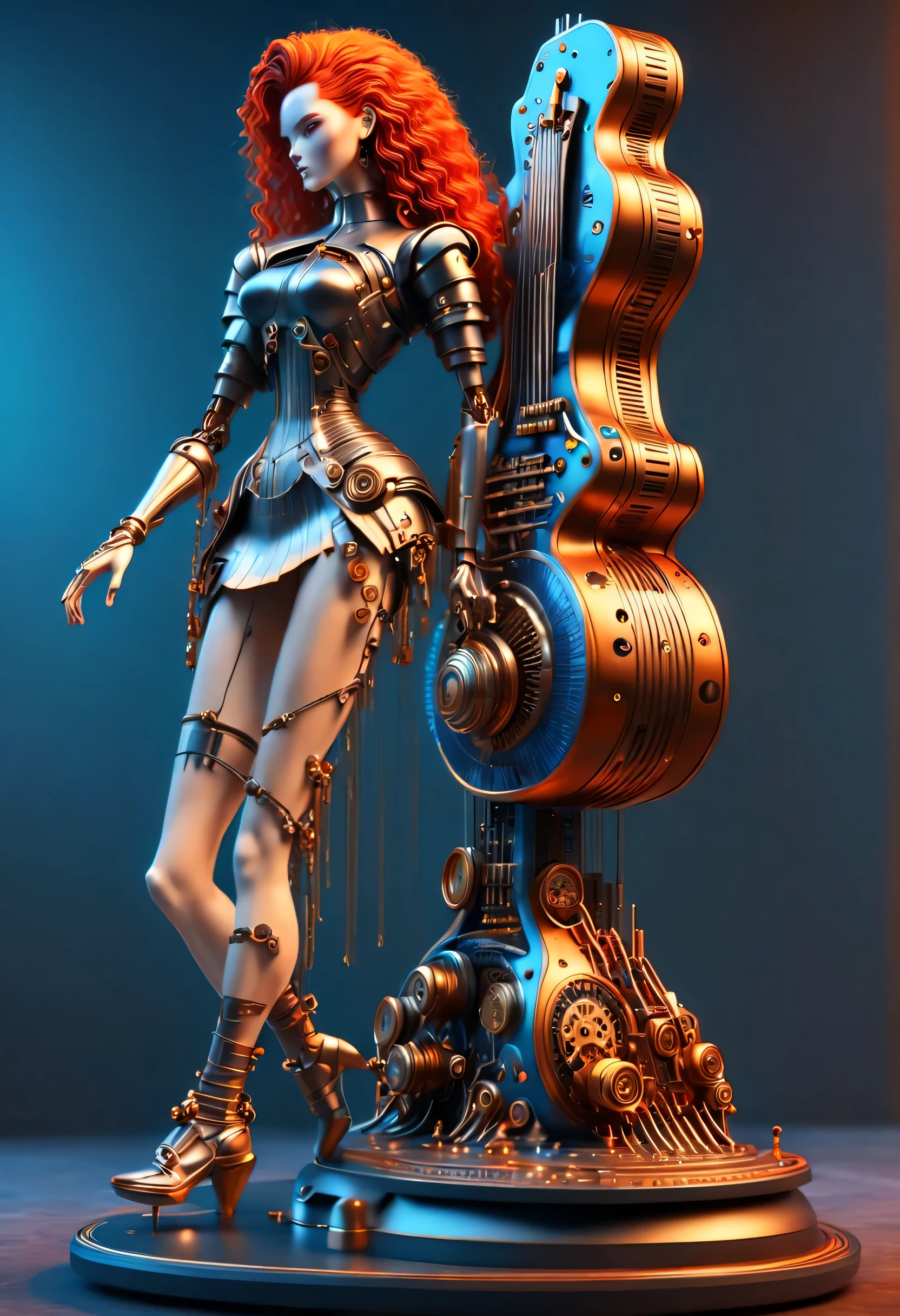 Mechanical doll design,(whole body),Marble sculpture style(Mechanical doll playing electric guitar), robot character, Beautiful and meticulous,Mechanical clockwork,gear,(Wooden mechanism base),Insert the top screw key into the back of the doll,Extra long red double braided hair,blue and orange skirt,rotate,dance,8k,Ultra-fine,lifelike,high resolution,Motion ray tracing,(Background holographic cyberpunk future modern city night scene)