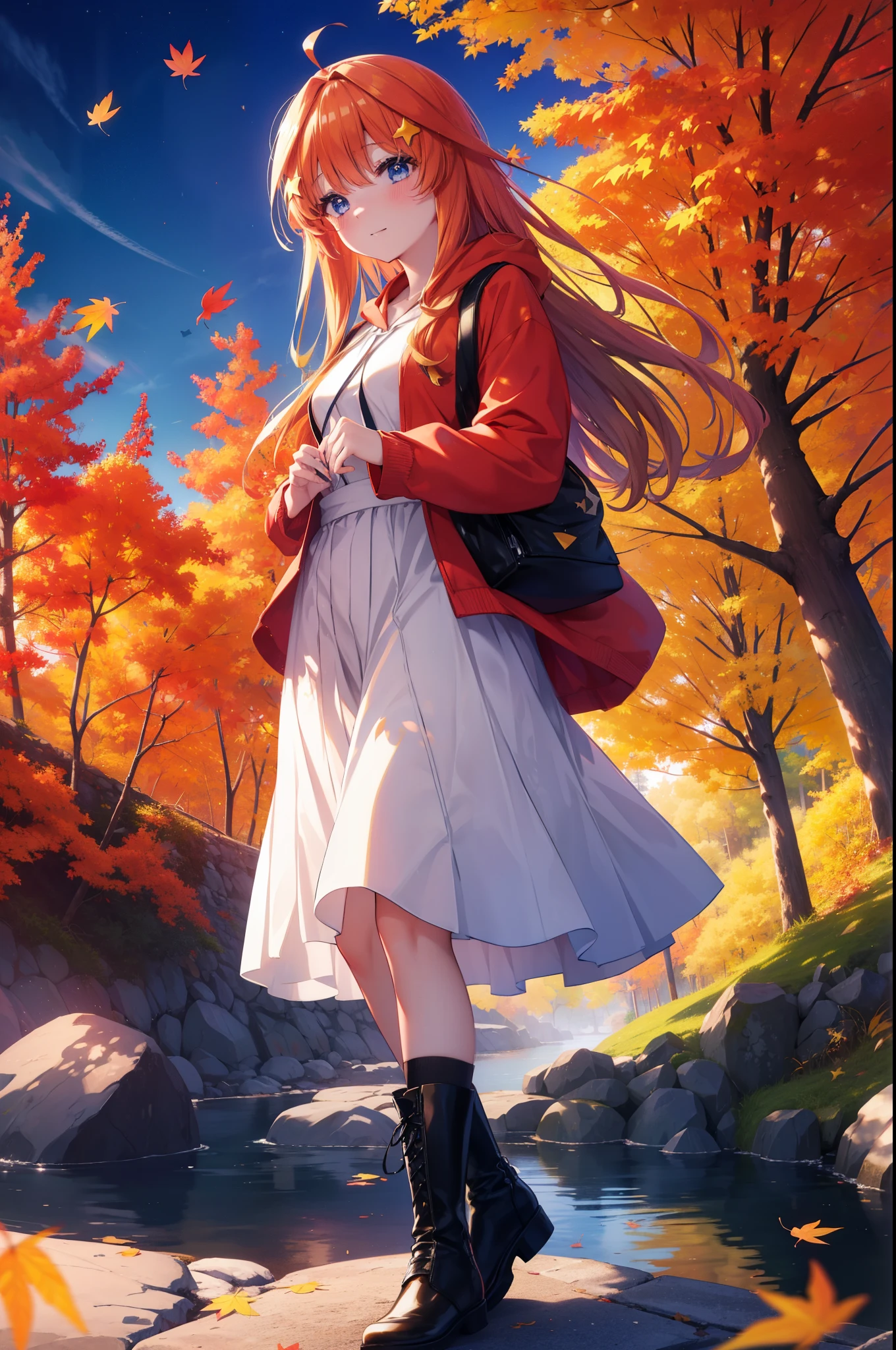 itsukinakano, Itsuki Nakano, bangs, blue eyes, hair between eyes, Ahoge, redhead, star \(symbol\), hair ornaments, star hair ornaments,smile,blush,short braided hair,long hair,Red hoodie,white long skirt,short boots,Tsukimi,moonlight,night,Autumn leaves are scattered,walking,Autumn foliage season,autumn,
break outdoors, garden,
break (masterpiece:1.2), highest quality, High resolution, unity 8k wallpaper, (figure:0.8), (detailed and beautiful eyes:1.6), highly detailed face, perfect lighting, Very detailed CG, (perfect hands, perfect anatomy),