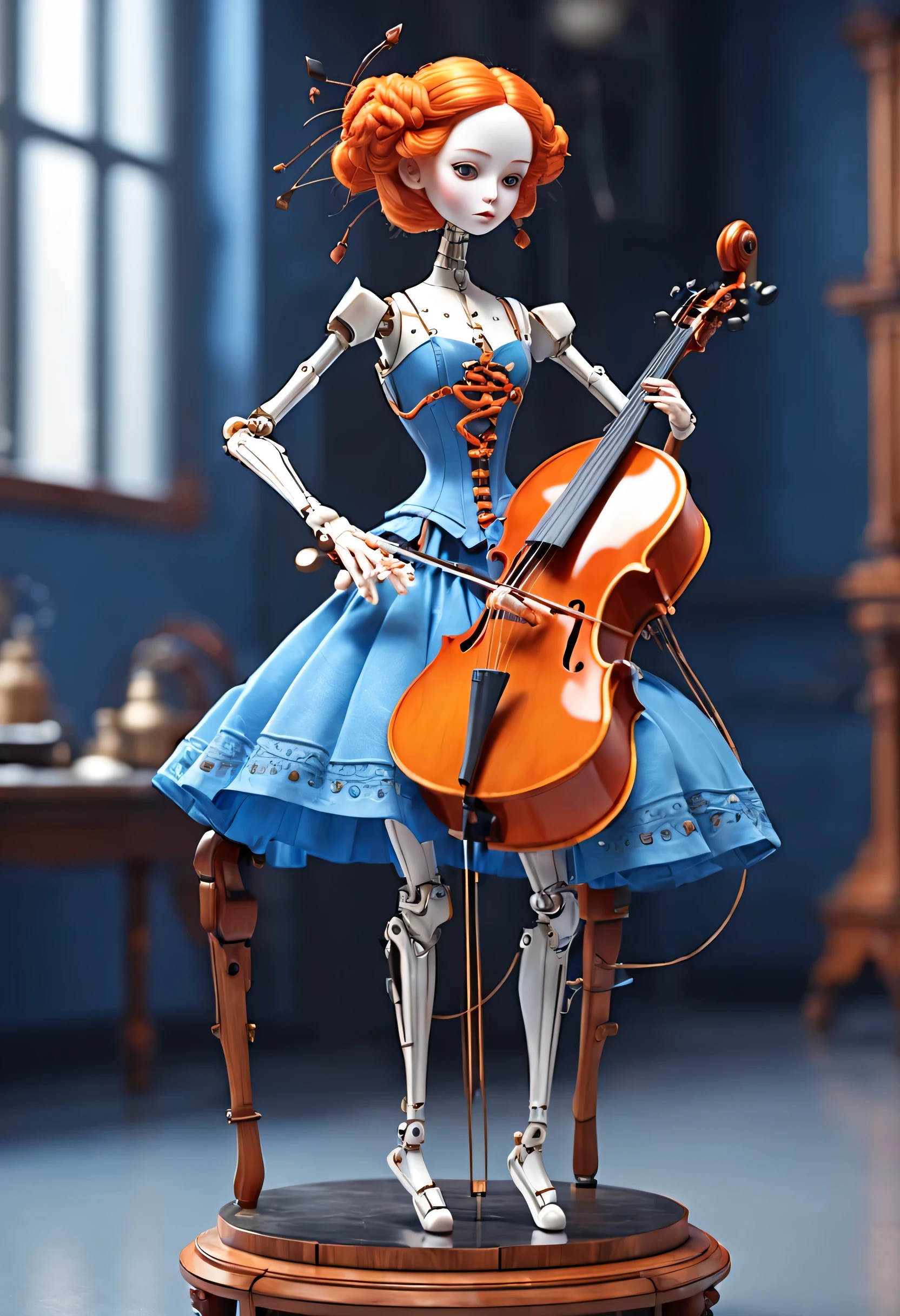 Marble sculpture style, role conception, (whole body), (A mechanical doll that plays the cello), Beautiful and meticulous, Mechanical wires hanging from the top connect the doll&#39;s fingers to the bow, Gear line connecting slender legs, (The log library of this mechanism), The key spring is inserted into the back of the doll, cute and beautiful face, Extra long red double braid, blue and orange skirt, Slender mechanical wooden arms and legs, 8k, super detailed, actual, high resolution, Ray tracing,（Lots and lots of titanium wire：0.65），background：Future Internet City Opera House